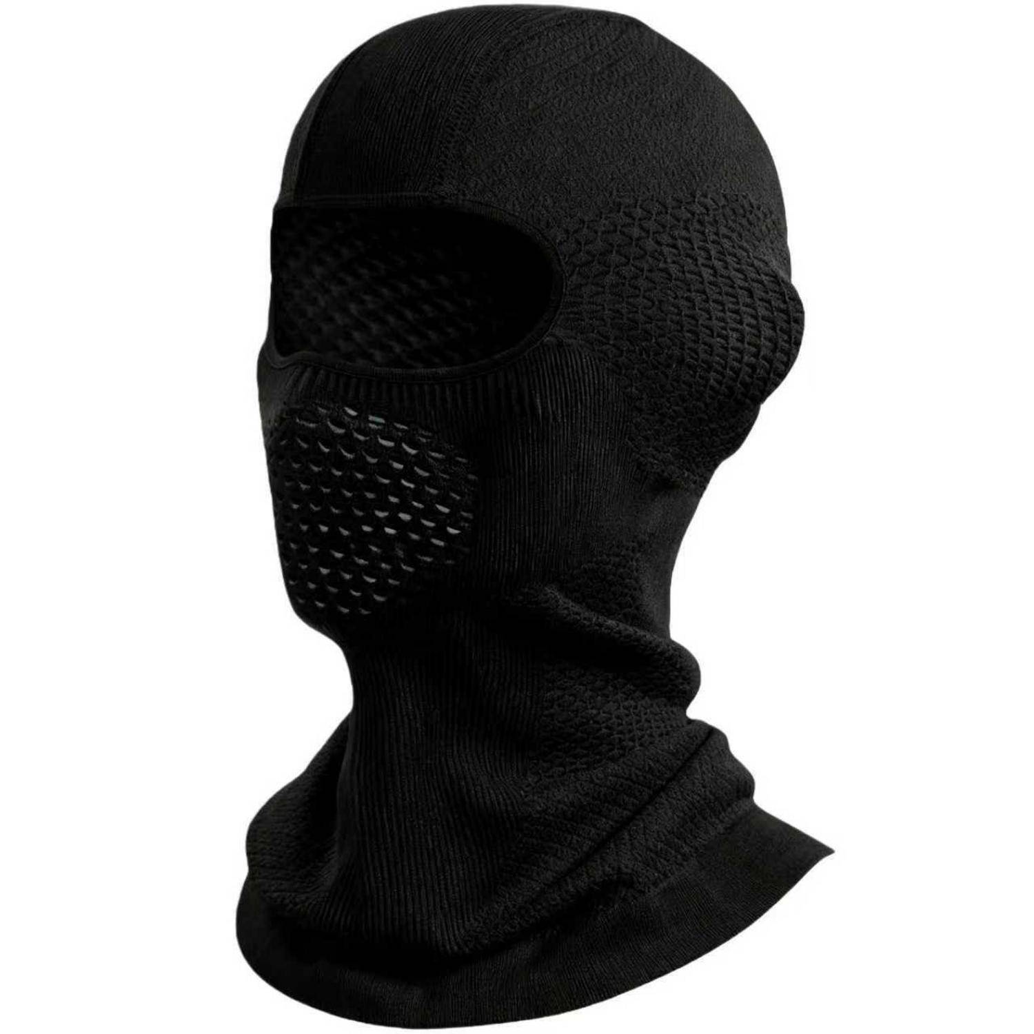 Schwarze gestrickte Sturmhaube mit Gesichtsmaske, die Kopf und Nacken bedeckt, mit Öffnungen für Augen und Mund.