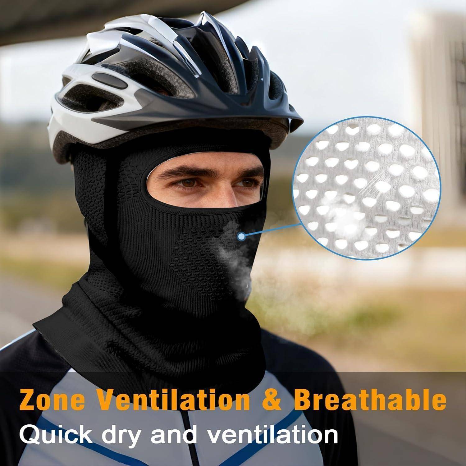 Radfahrer mit Helm und schwarzem Sturmhaube; Nahaufnahme im Inset zeigt atmungsaktive Netzbelüftung. Der Text lautet „Zone Ventilation & Breathable