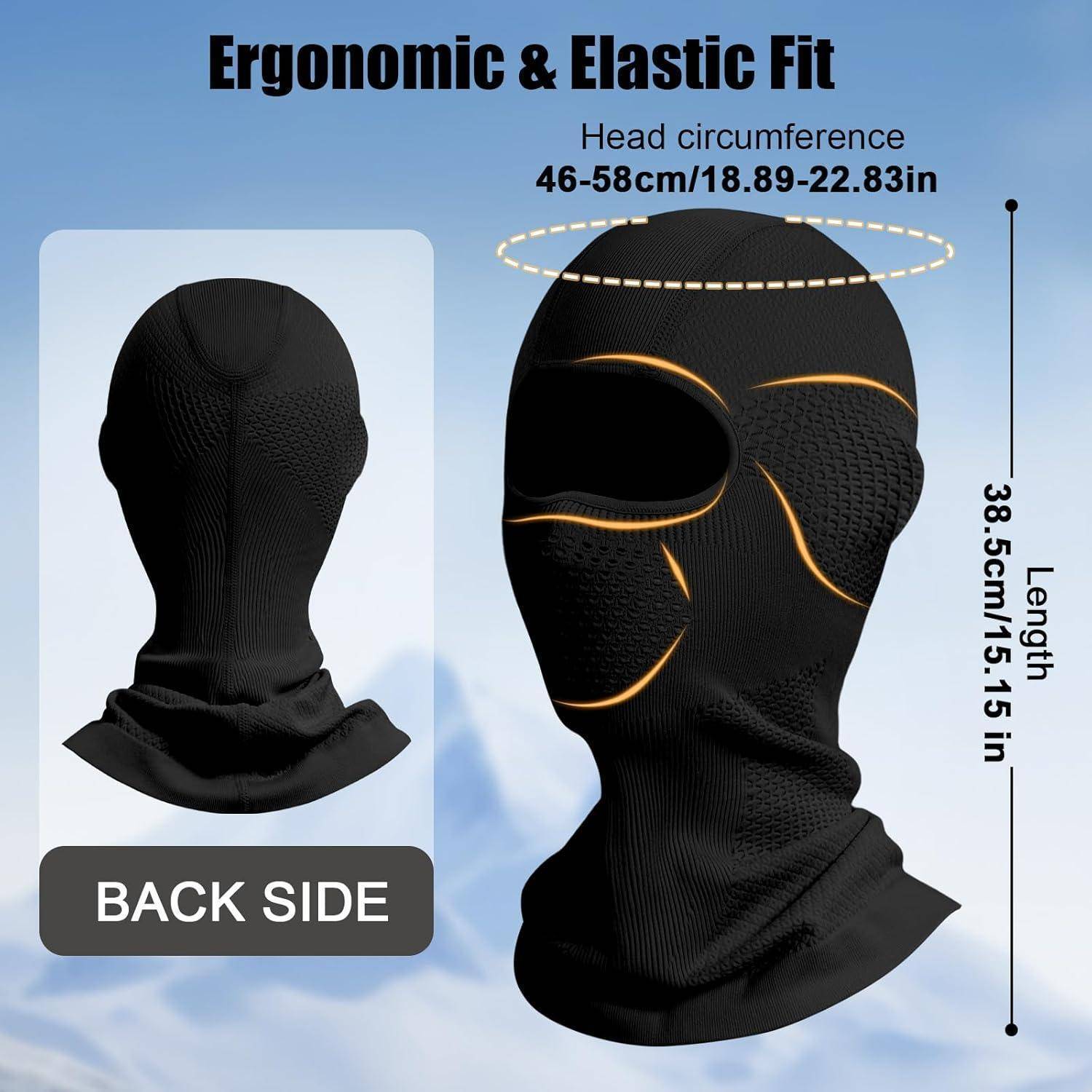 Schwarze elastische Sturmhaube von vorne und hinten gezeigt, beschriftet mit „Ergonomische & elastische Passform