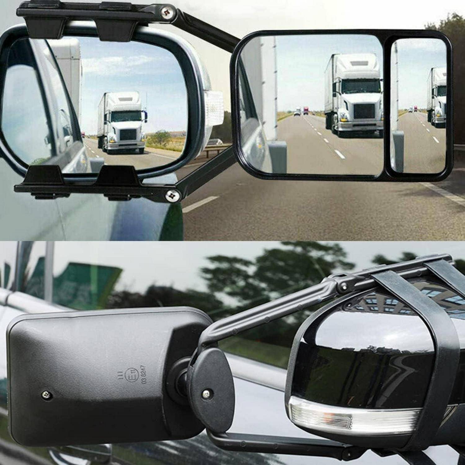Außenspiegelvergrößerungen an einem Fahrzeug zeigen einen weißen Sattelzug dahinter auf der Autobahn, um die verbesserte Rücksichtssicht beim Abschleppen oder bei breiten Fahrzeugen zu veranschaulichen.