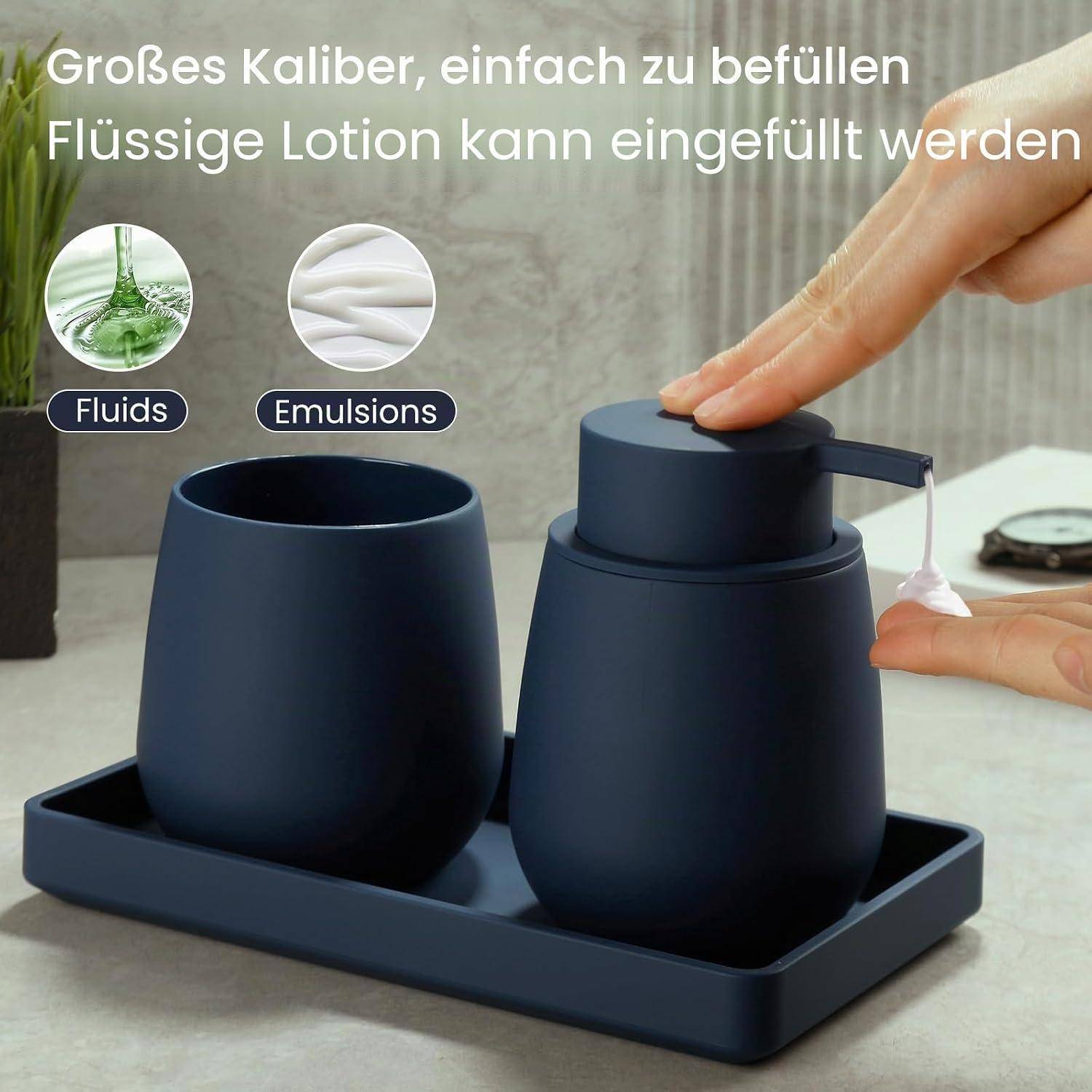 Zwei Marine-Pumpspender auf einem Tablett, einer wird gedrückt, um Lotion zu spenden; der Text besagt großes Fassungsvermögen, leicht zu befüllen, für Flüssigkeiten und Emulsionen.
