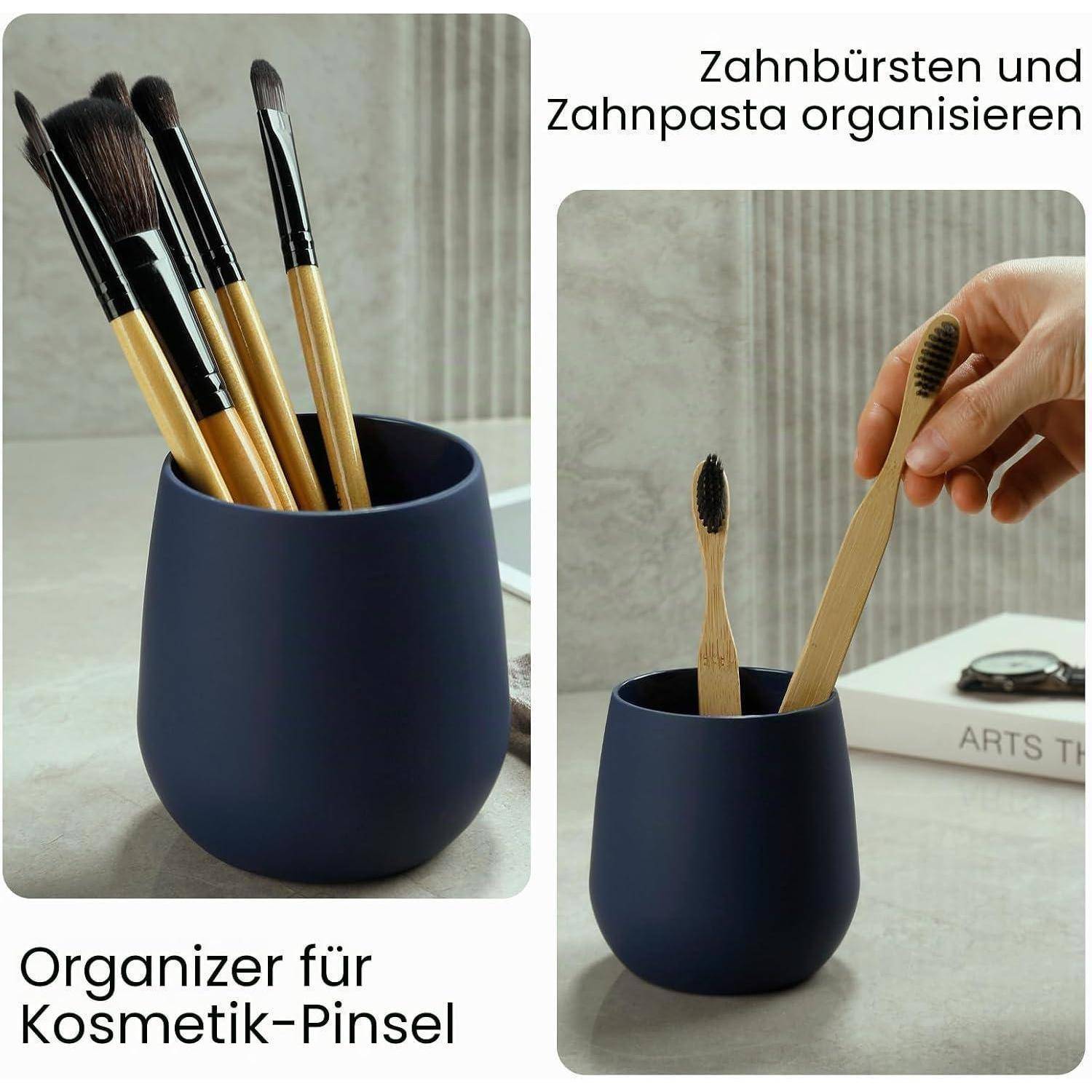 Zweiteiliges Produktbild eines dunkelblauenOrganizers mit Pinseln; der Text besagt, dass er Make-up-Pinsel, Zahnbürsten und Zahnpasta organisieren kann.