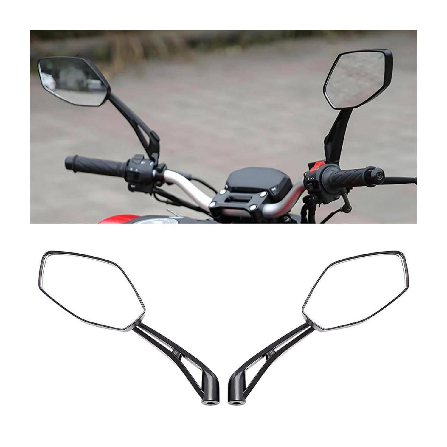 Motorradlenkererspiegel gezeigt in Gebrauch auf einem Motorrad und als Produktpaar auf weißem Hintergrund.