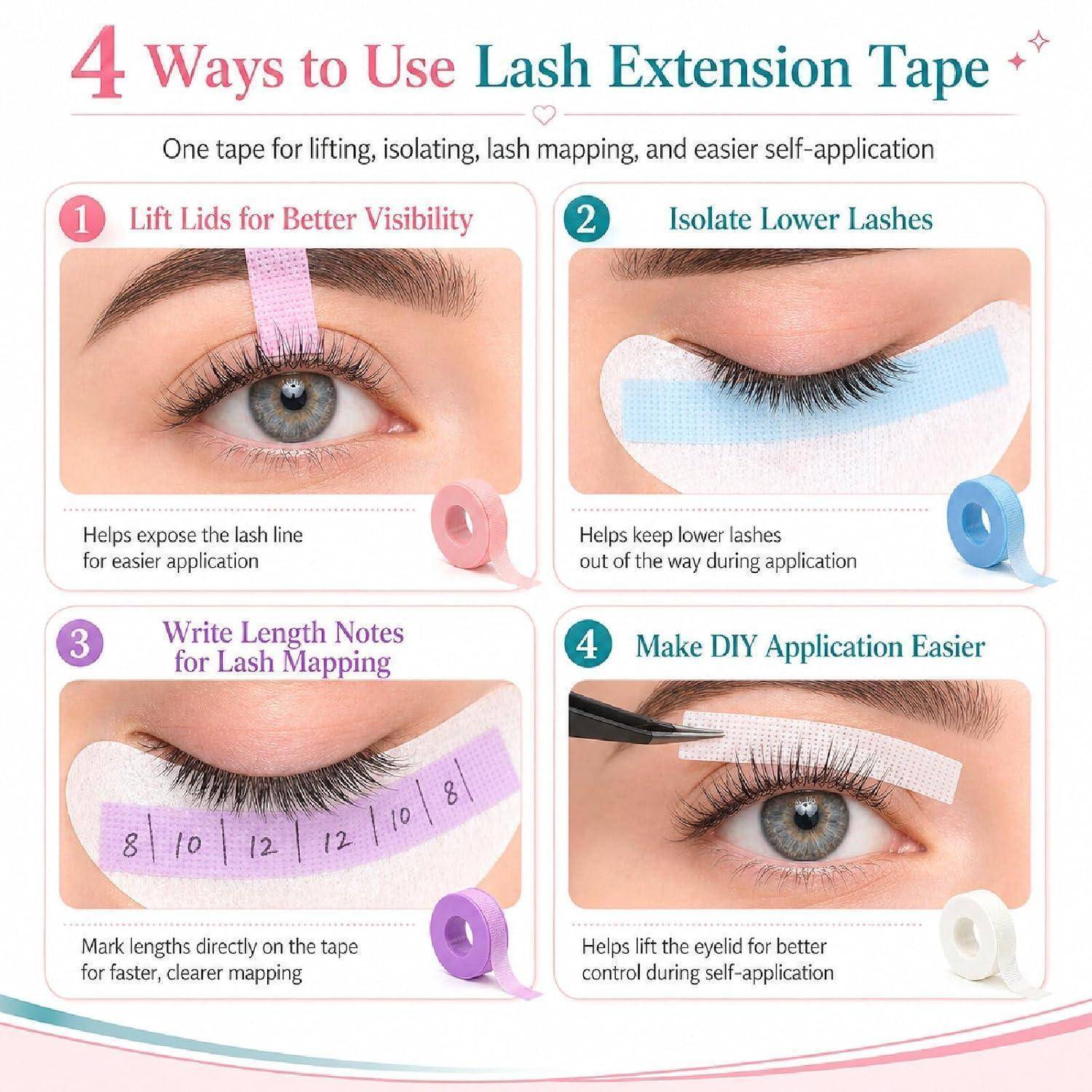 Infografik mit dem Titel „4 Wege zur Verwendung von Wimpernverlängerungs-Tape