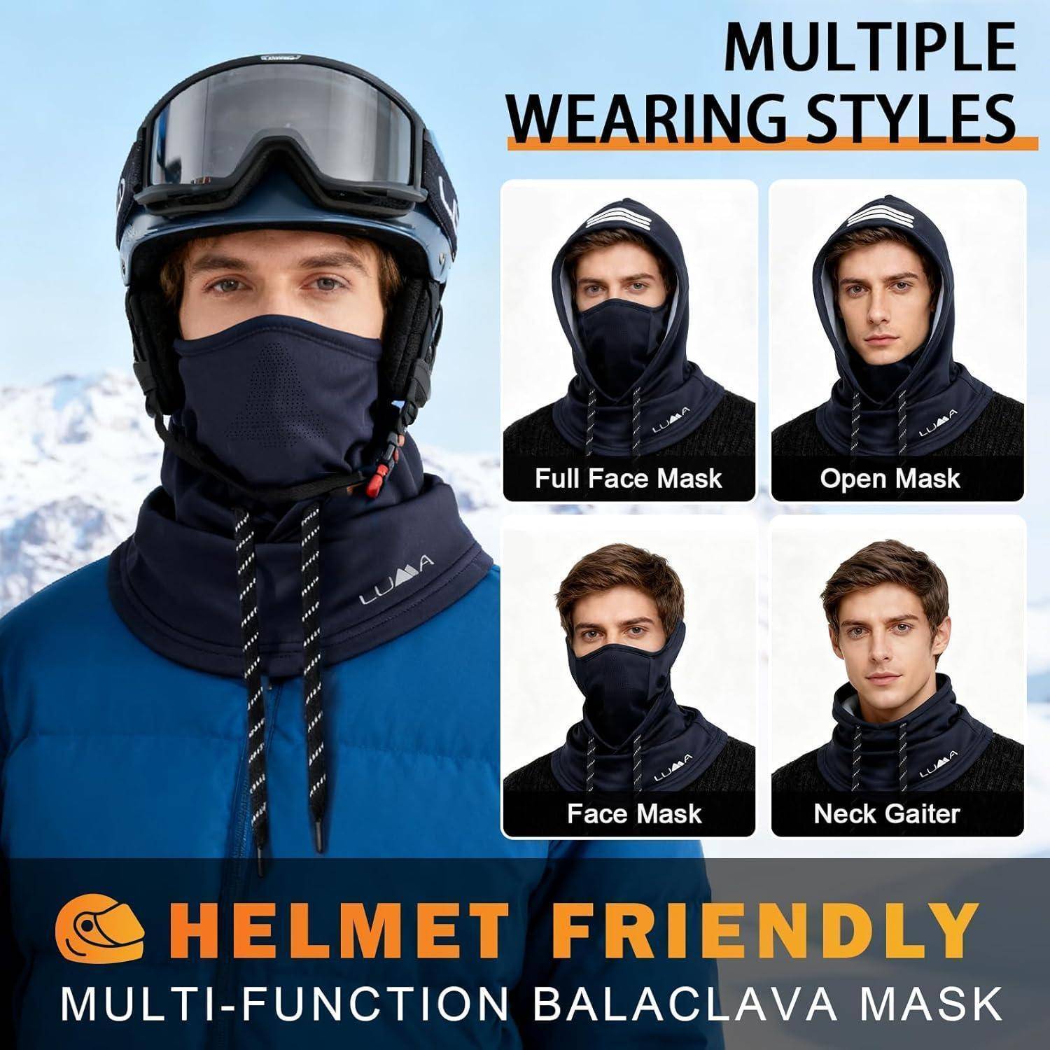 Promo-Bild einer helmfreundlichen Multifunktions-Sturmhaube, die an einem Mann gezeigt wird und in vier Tragearten dargestellt ist: Vollgesichtsmaske, offene Maske, Gesichtsmaske und Nackenmaske.