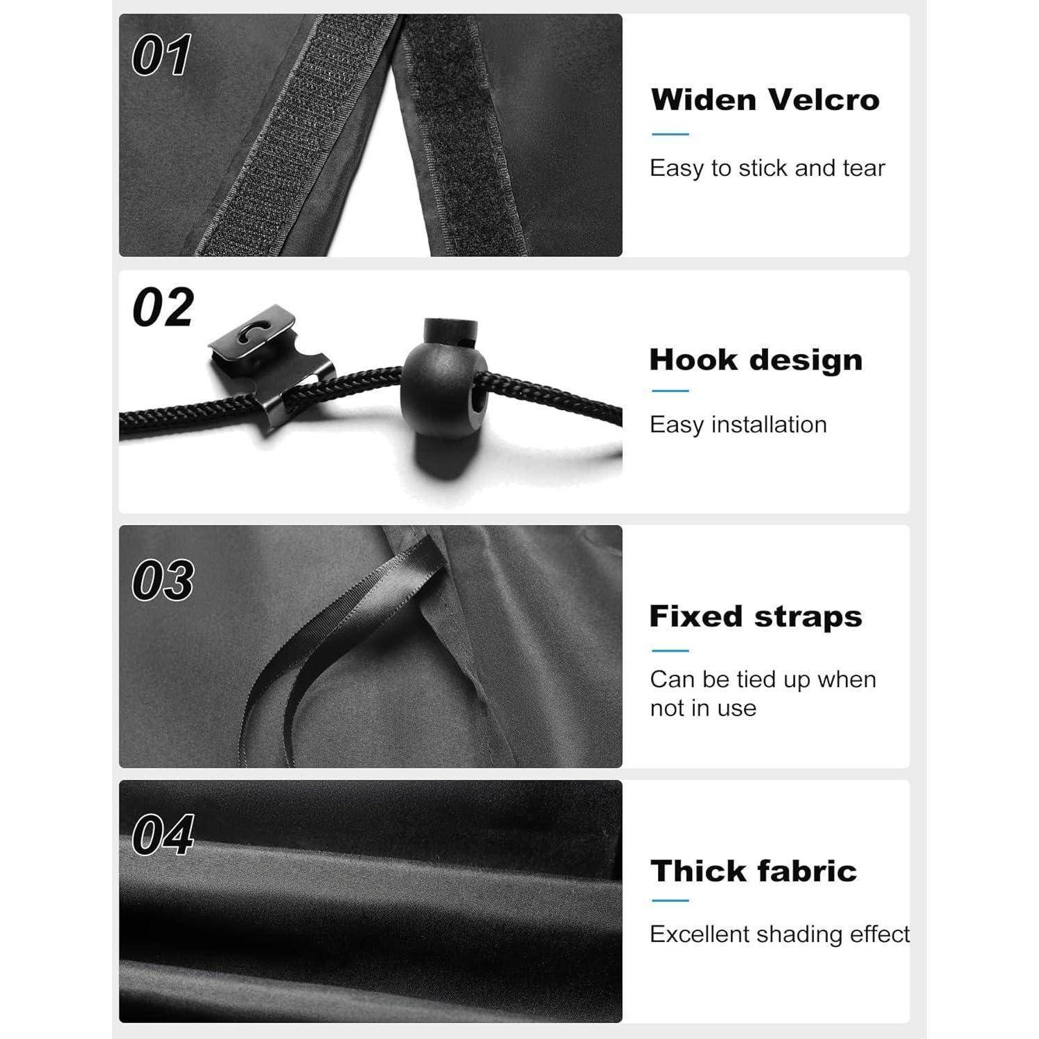 Vierteiliges Produktmerkmal-Grafikdesign mit Wickelstil-Verdunkelungsvorhängen in Schwarz mit verbreitertem Klettverschluss, Hakenkonstruktion, festen Riemen und dickem Stoff für bessere Verdunklung.