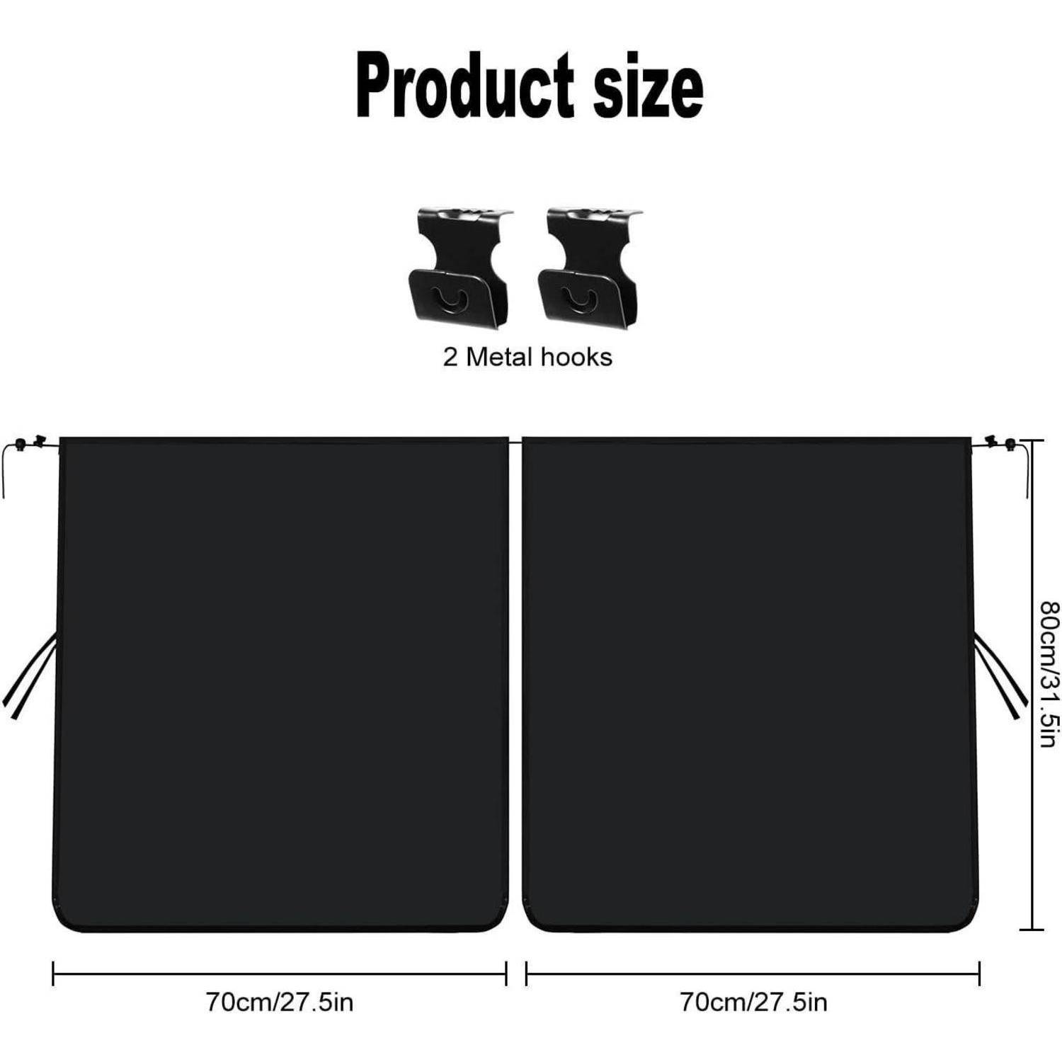 Produktgrößendiagramm mit zwei schwarzen Paneelen, je 70 cm x 80 cm, mit 2 Metallhaken im Lieferumfang enthalten.