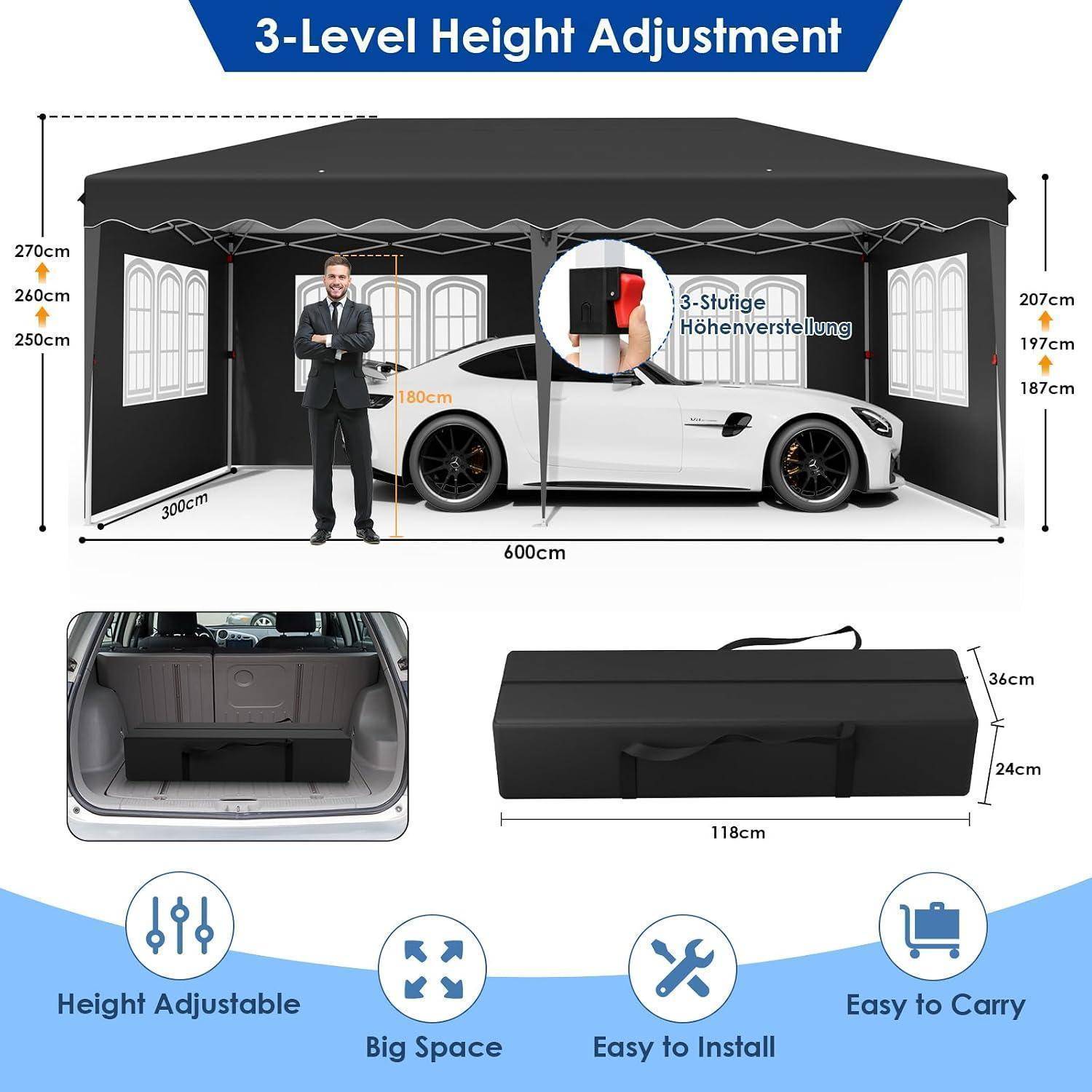 Werbediagramm eines 3-stufig höhenverstellbaren Autovorzelt/Carport mit einer Limousine im Inneren, Abmessungen, abnehmbaren Seitenpaneelen, Aufbewahrungstasche und Symbolen für verstellbare Höhe, großer Platz, einfache Installation und einfache Tragbarkeit.