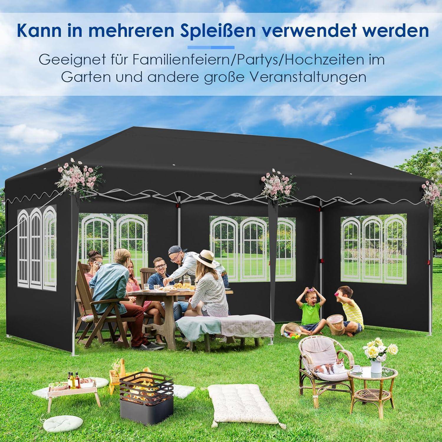 Schwarzes Gartenfestzelt mit Fenstern, gezeigt als vielseitiger Unterstand für Familienfeierlichkeiten und andere große Außenveranstaltungen.
