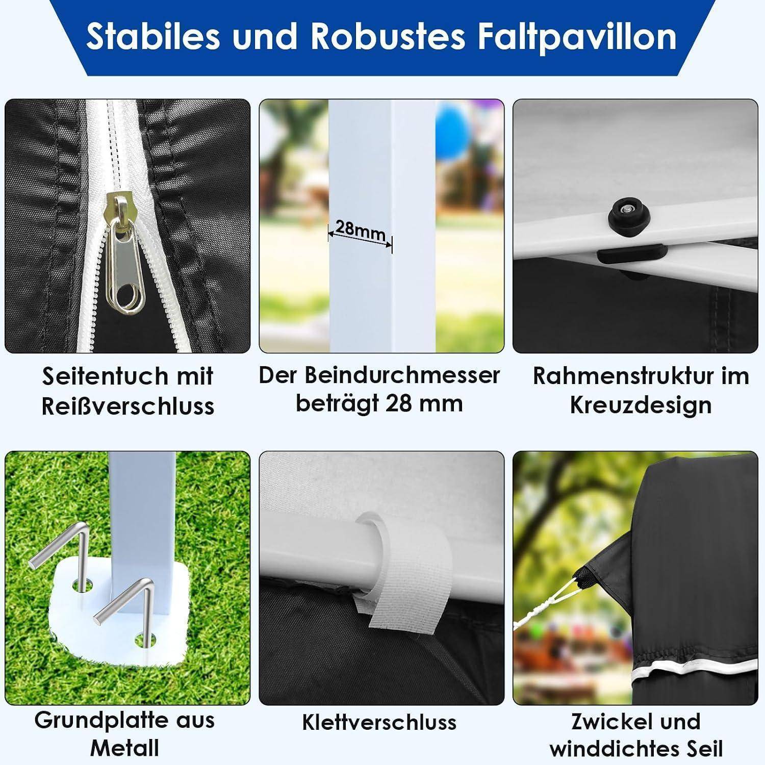 Sechsteiliges Produkt-Infografik eines robusten Faltpavillons mit Reißverschluss-Seitennah, 28-mm-Beinumfang, Kreuzversteifungsrahmen, Metallbasisplatte, Klettband-Verschluss und Eckspannungsseil