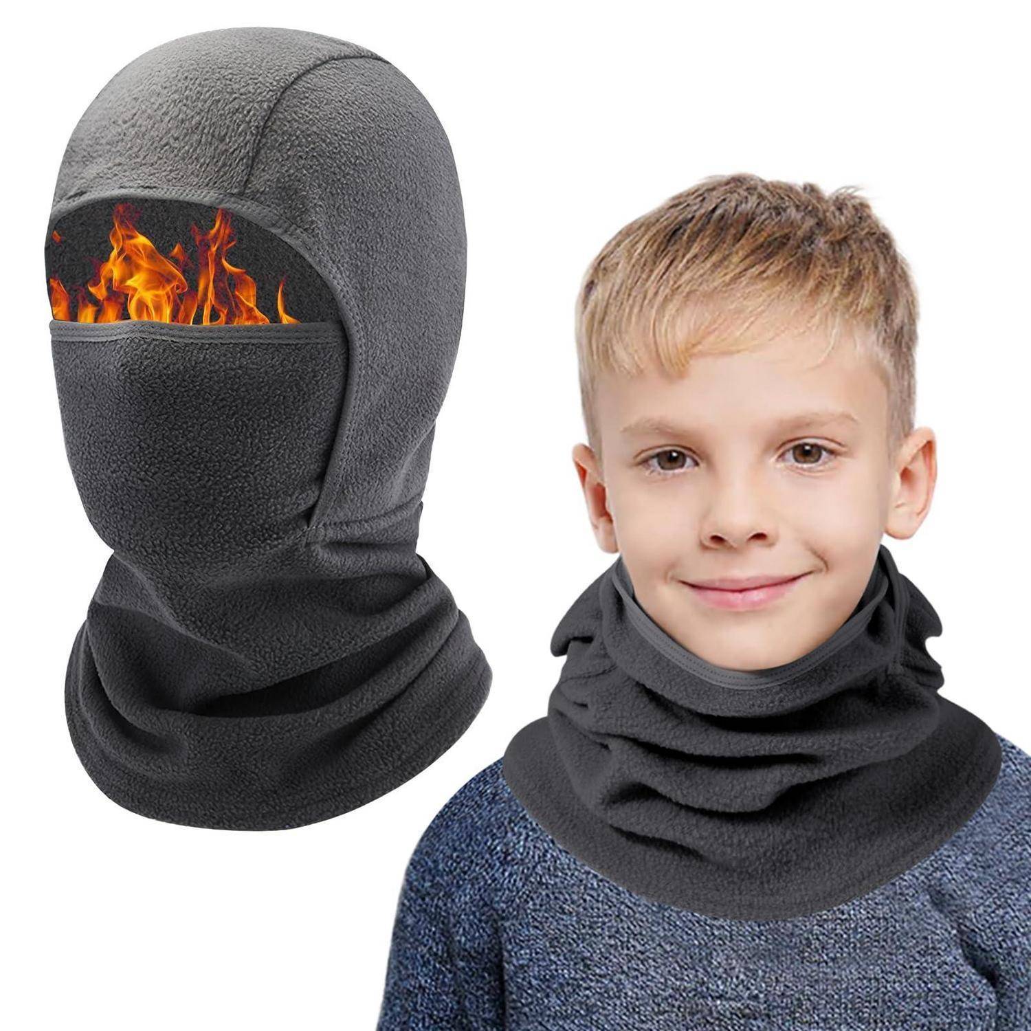 Kindmodell, das eine dunkelgraue Fleece-Balaclava-Nackenbedeckung trägt; Ausschnitt zeigt die Gesichtsöffnung mit Flammeneffekt und hebt feuerfeste Winterkopfbedeckung hervor.