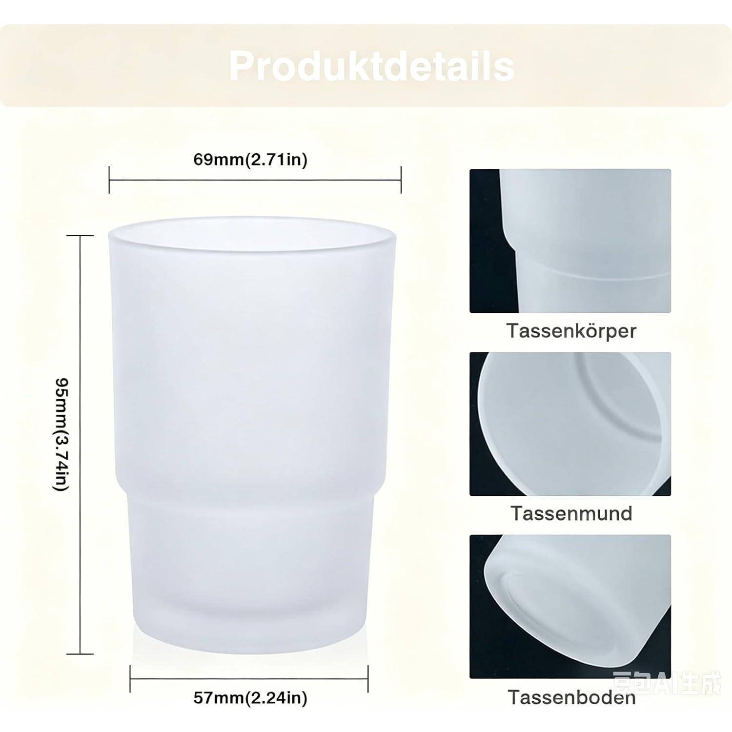 Produktdetaildiagramm einer weißen Tasse: 95 mm hoch, 69 mm oberer Durchmesser, 57 mm unterer Durchmesser, mit Nahaufnahmen mit Beschriftungen Tassenkorpus, Rand und Boden.