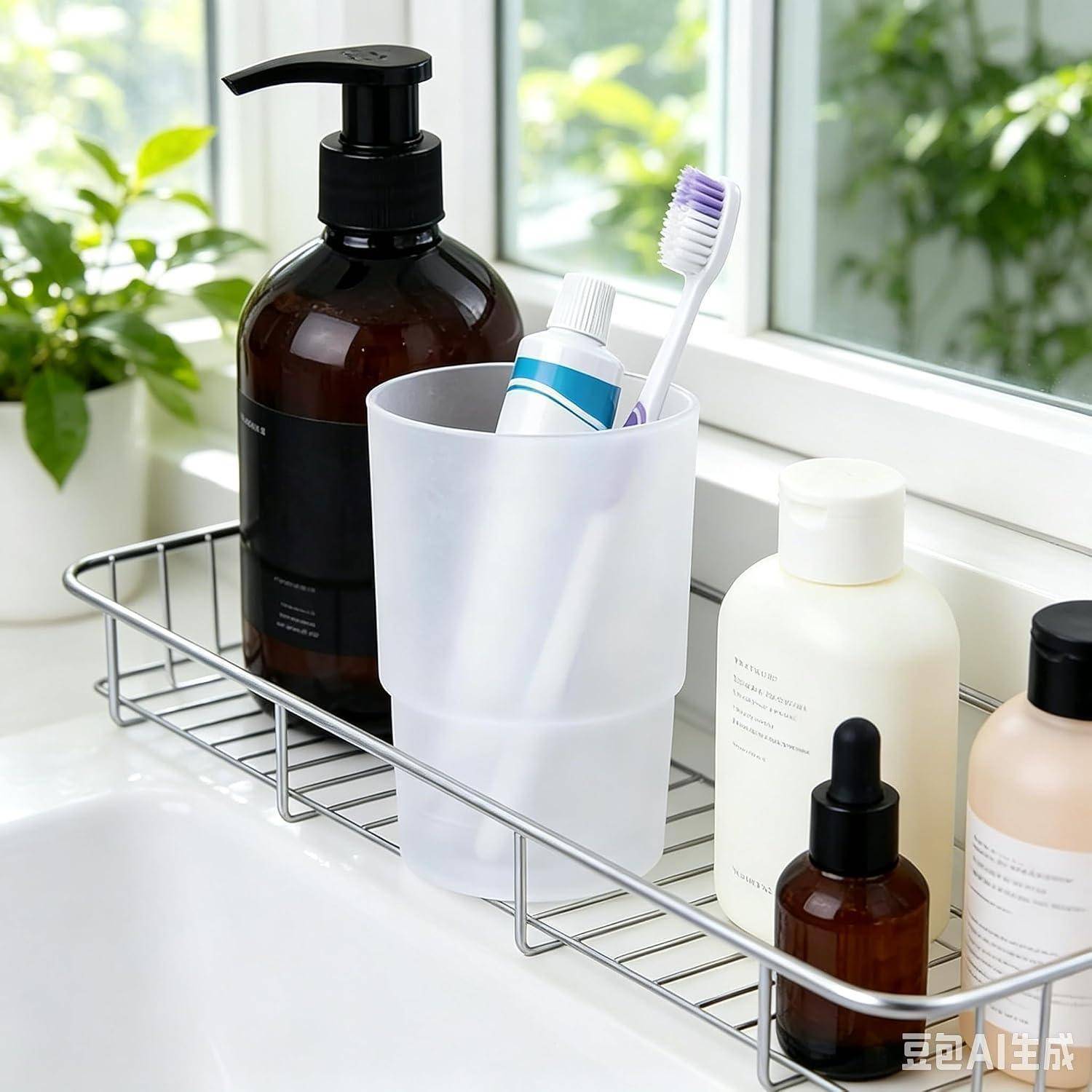 Badezimmer-Caddy neben einem Waschbecken, der Toilettenartikel wie Seife, Zahnbürsten und Flaschen in einem Drahtgestell hält.
