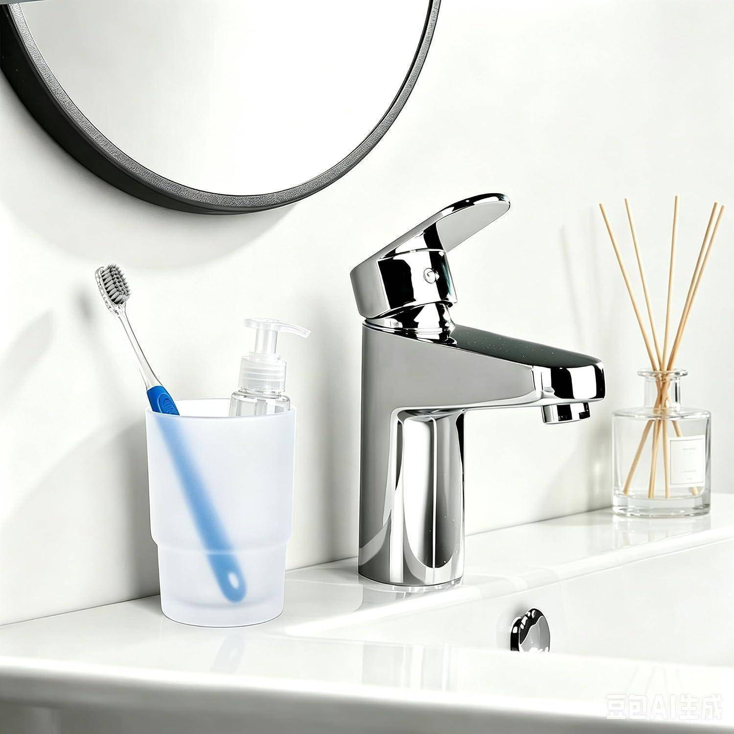 Verchromter Badezimmerwasserhahn neben einem mattierten Glas, das eine Zahnbürste und einen Seifenspender hält, mit einem Raumdüfter und rundem Spiegel oben.