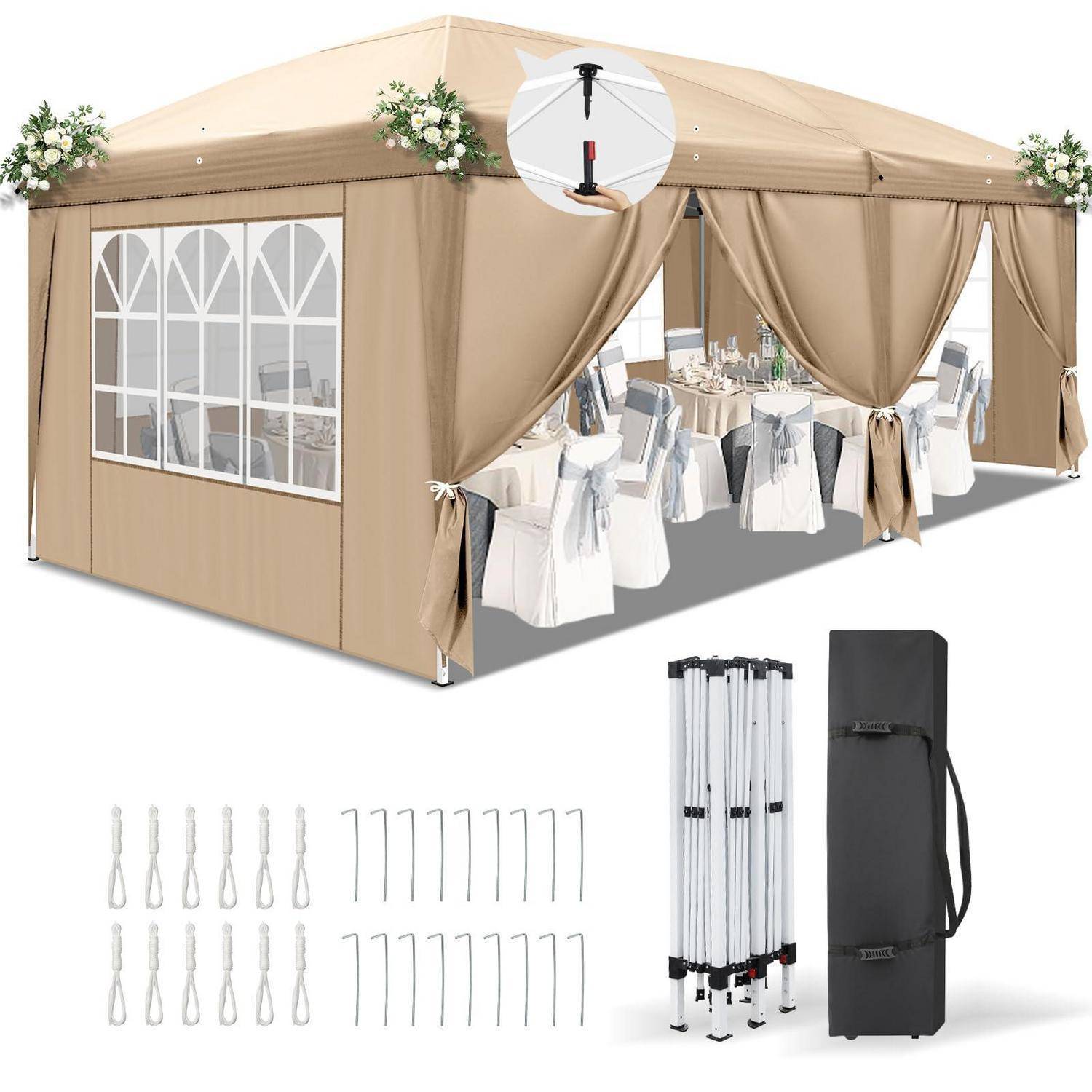 Beige-farbenes Outdoor-Pavillon-Zelt mit Fenstern, Vorhängen, Tisch, Sitzplätzen und mitgelieferten Heringen, Haken und Tragetasche wie unten gezeigt.