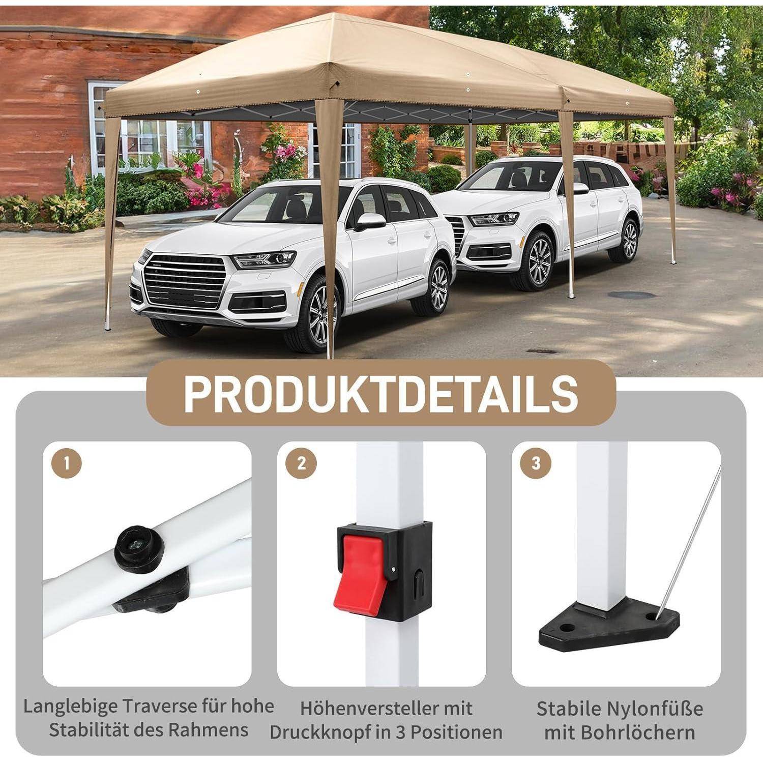 Zwei weiße SUVs parken unter einem beigen Carport-Dach; darunter zeigen Produktdetails den Rahmen, die Höhenverstellung und stabile Nylonfüße mit Etiketten in deutscher Sprache.