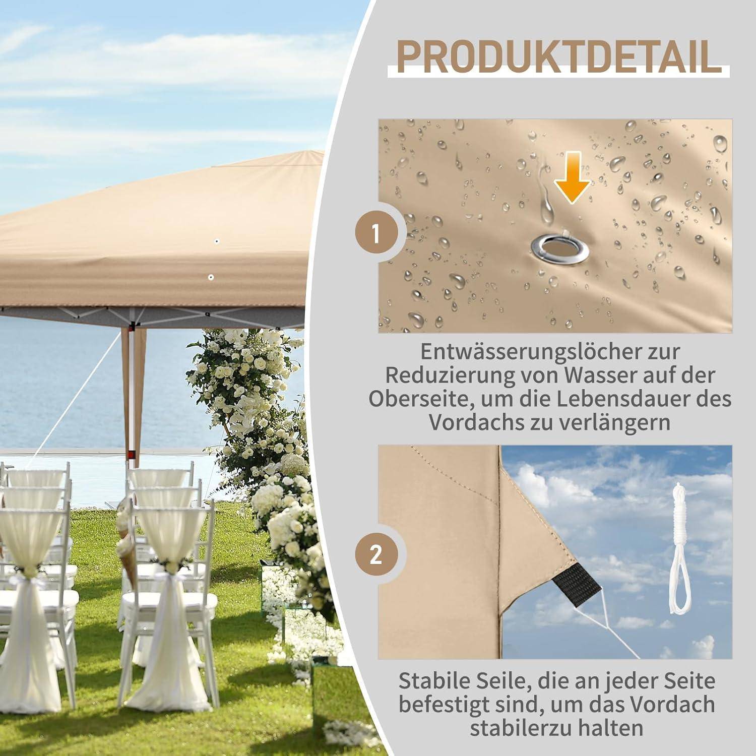 Produktdetailgrafik, die ein beiges Zeltdach für eine Outdoor-Veranstaltung zeigt, mit zwei Legenden: Ablöcher oben und stabile Seitenseile, die das Zeltdach sichern.