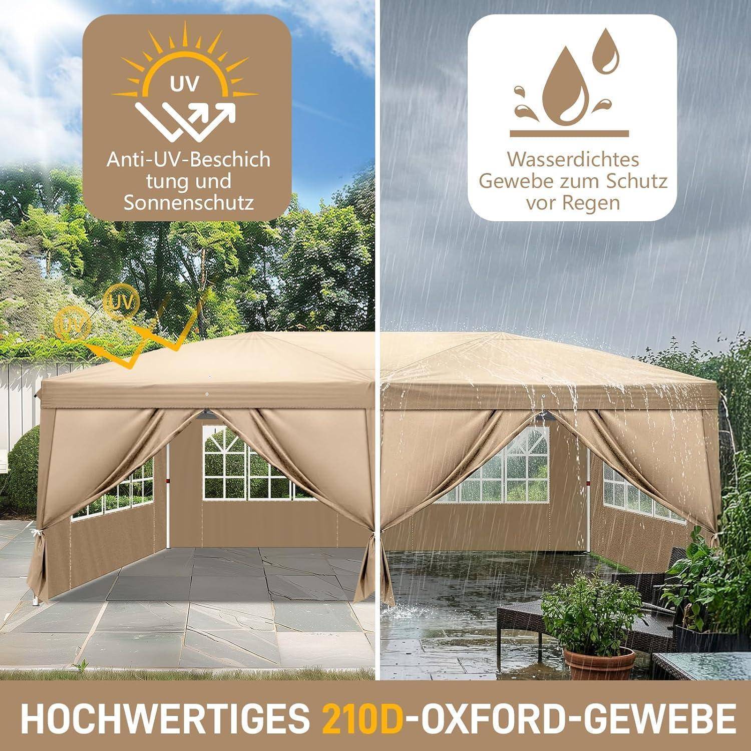 Geteiltes Bild einer beigen Gartenlaube: links zeigt UV- und Sonnenschutz, rechts zeigt wasserdichten Regenschutz; der Text lautet "HOCHWERTIGES 210D-OXFORD-GEWEBE"".