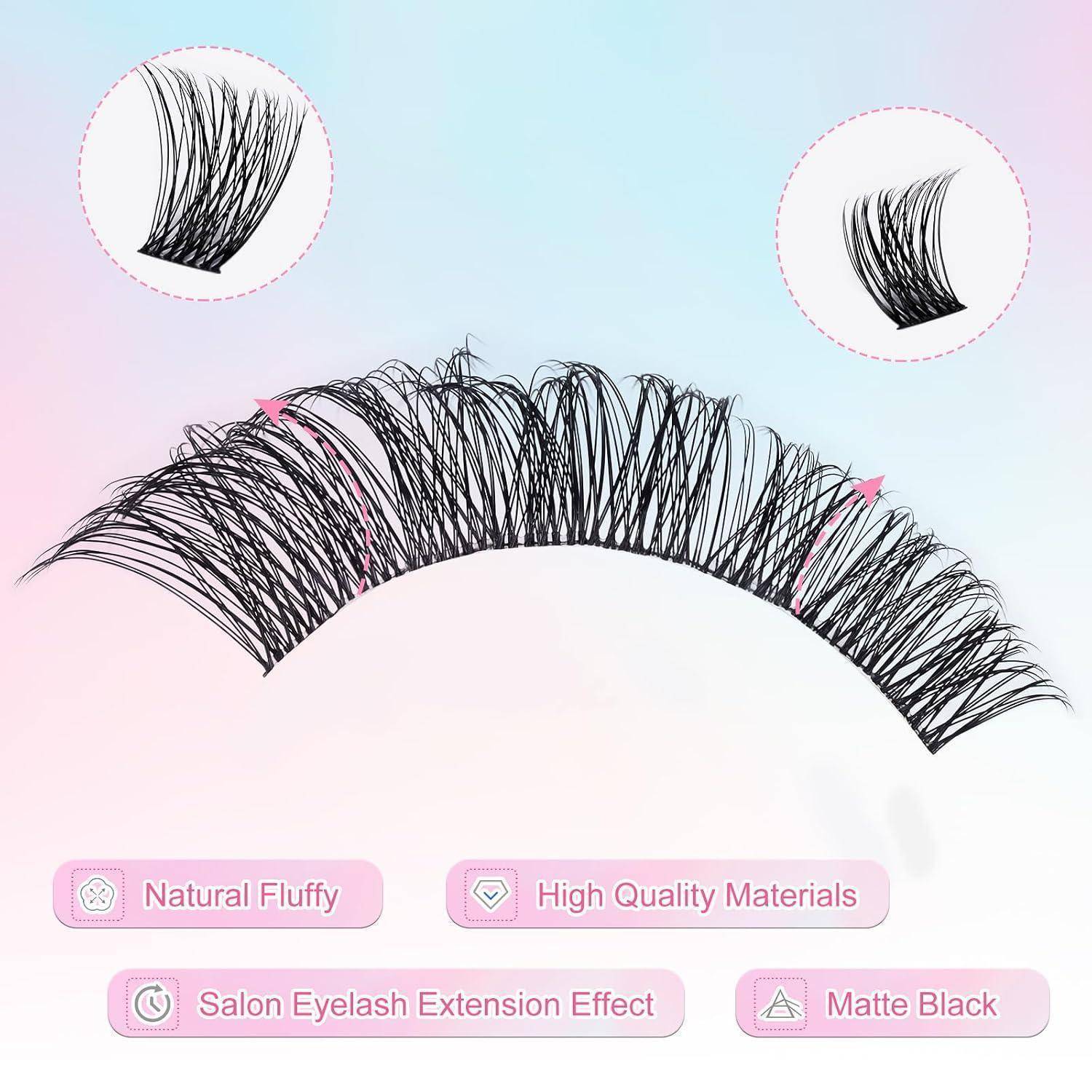 Schwarze künstliche Wimpern auf pastellfarbenem Hintergrund gezeigt, mit Beschriftungen, die „Natural Fluffy
