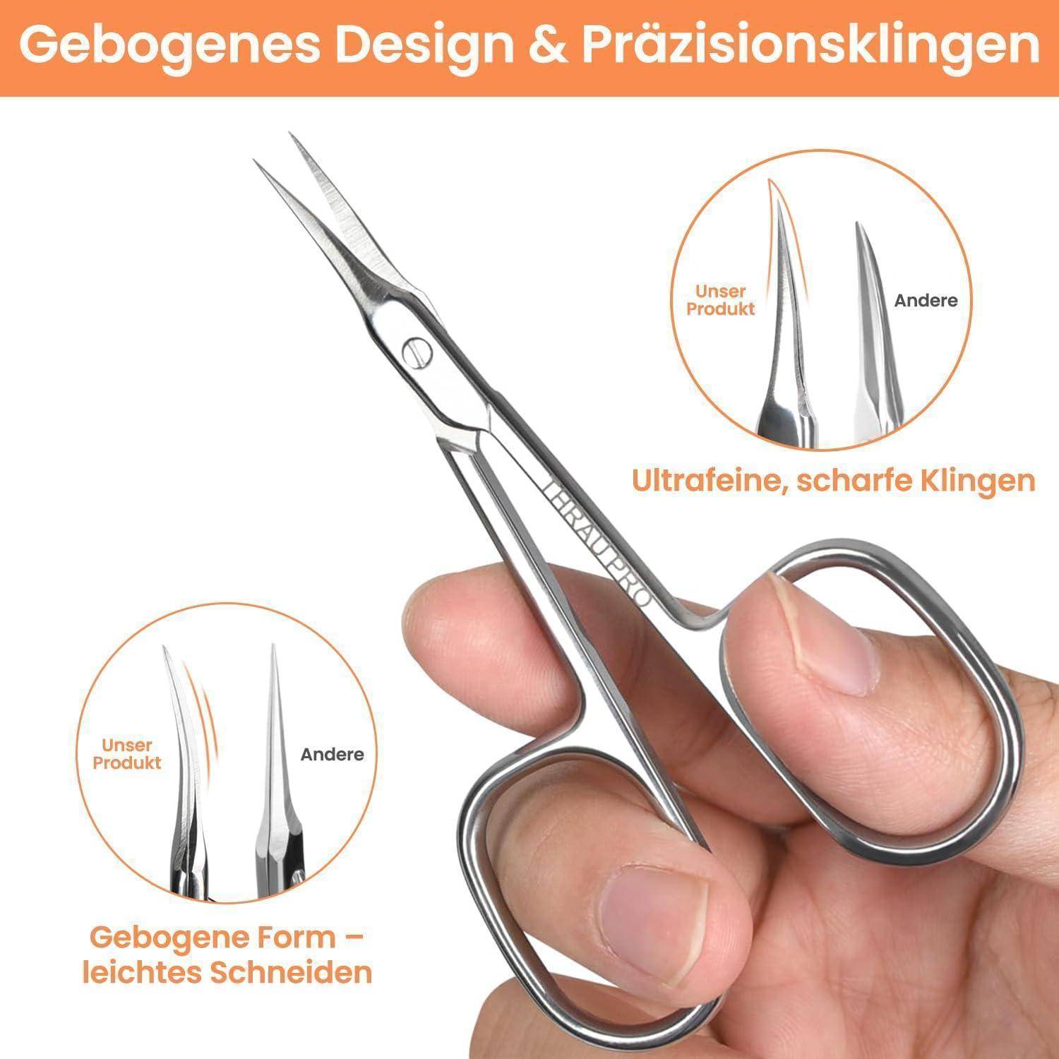 # Hand hält gebogene Präzisionsschere mit ultrafeinen scharfen Klingen; eingefügte Vergleiche heben „Unser Produkt