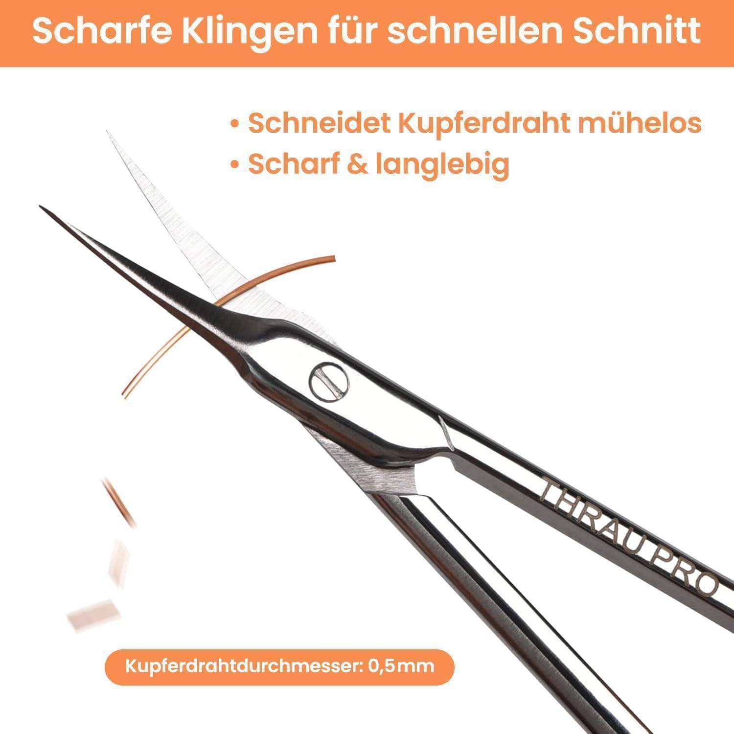 Werbebild von Präzisionsscheren, die Kupferdraht schneiden, mit deutschem Text, der scharfe Klingen, einfaches Schneiden von Kupferdraht und einen Drahtdurchmesser von 0,5 mm hervorhebt.