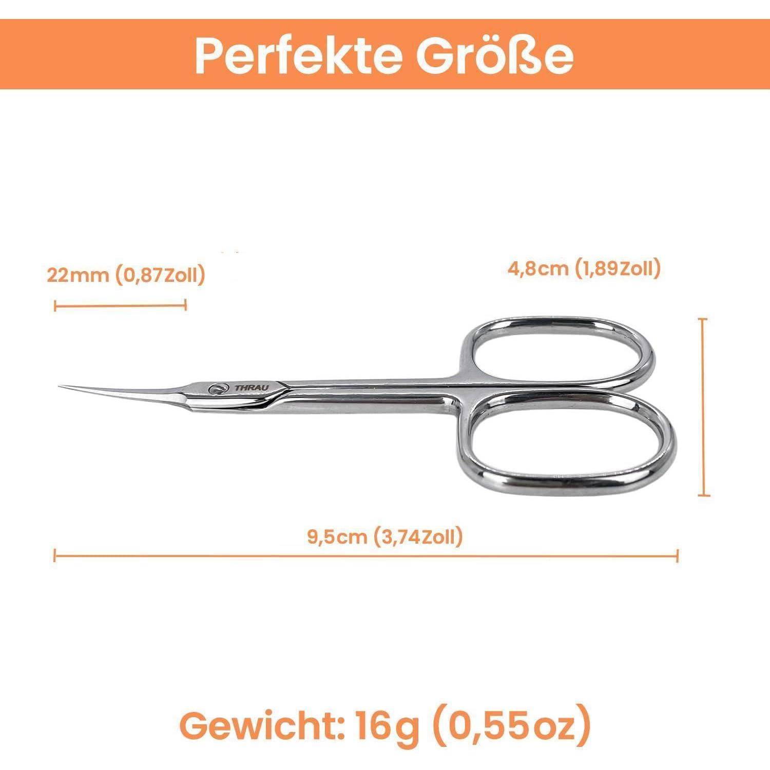 Produktgrößengrafik einer kleinen Edelstahlschere mit dem Etikett „Perfekte Größe