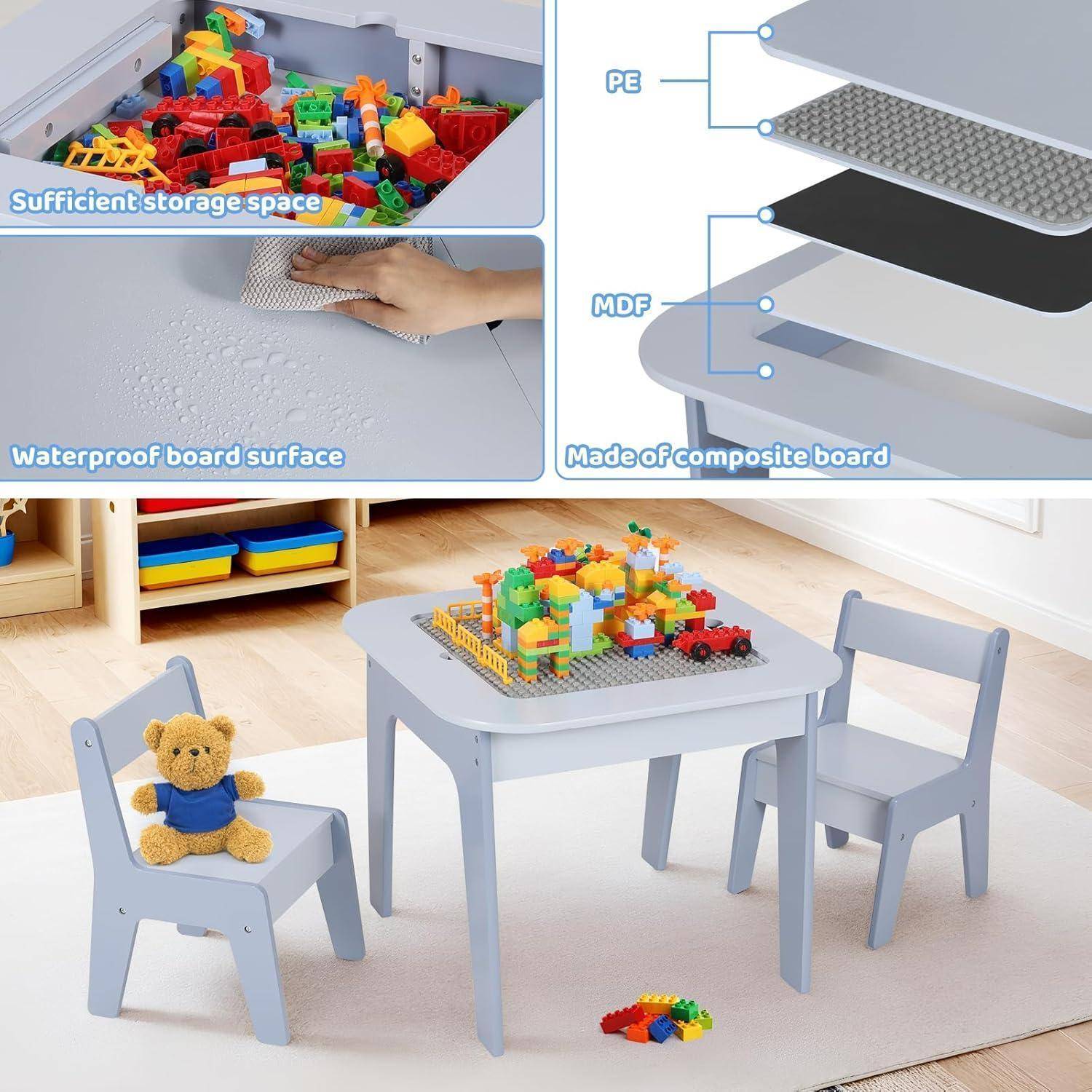 Werbebild eines grauen Kindertisches und zweier Stühle mit integriertem Stauraum; Beschriftungen heben wasserfeste Verbundplatte und reichlich Stauraum hervor.