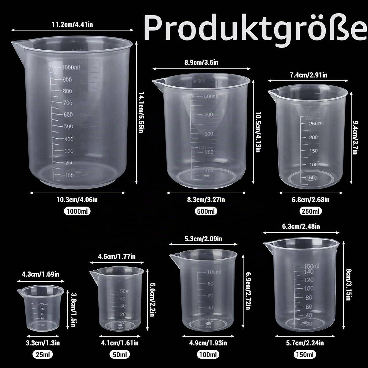 Produktgrößentabelle mit sieben Kunststoff-Messbechern mit den Bezeichnungen 25ml, 50ml, 100ml, 150ml, 250ml, 500ml und 1000ml sowie deren Abmessungen.