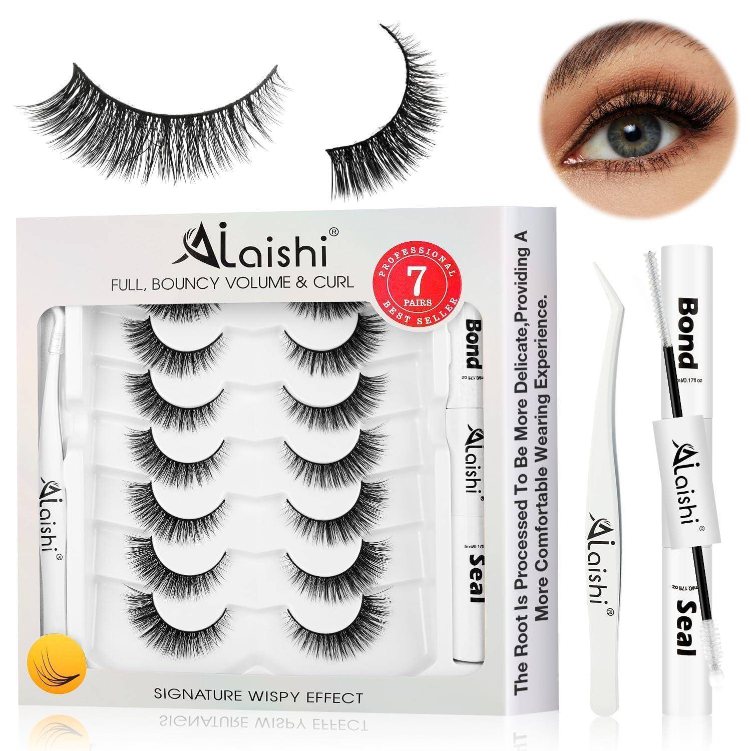 Laishi Falschenwimpern-Set mit 7 Paar, Haft- und Versiegelungsapplikatoren und ein Vorher-Nachher-Beispiel der Augen mit volleren Wimpern.