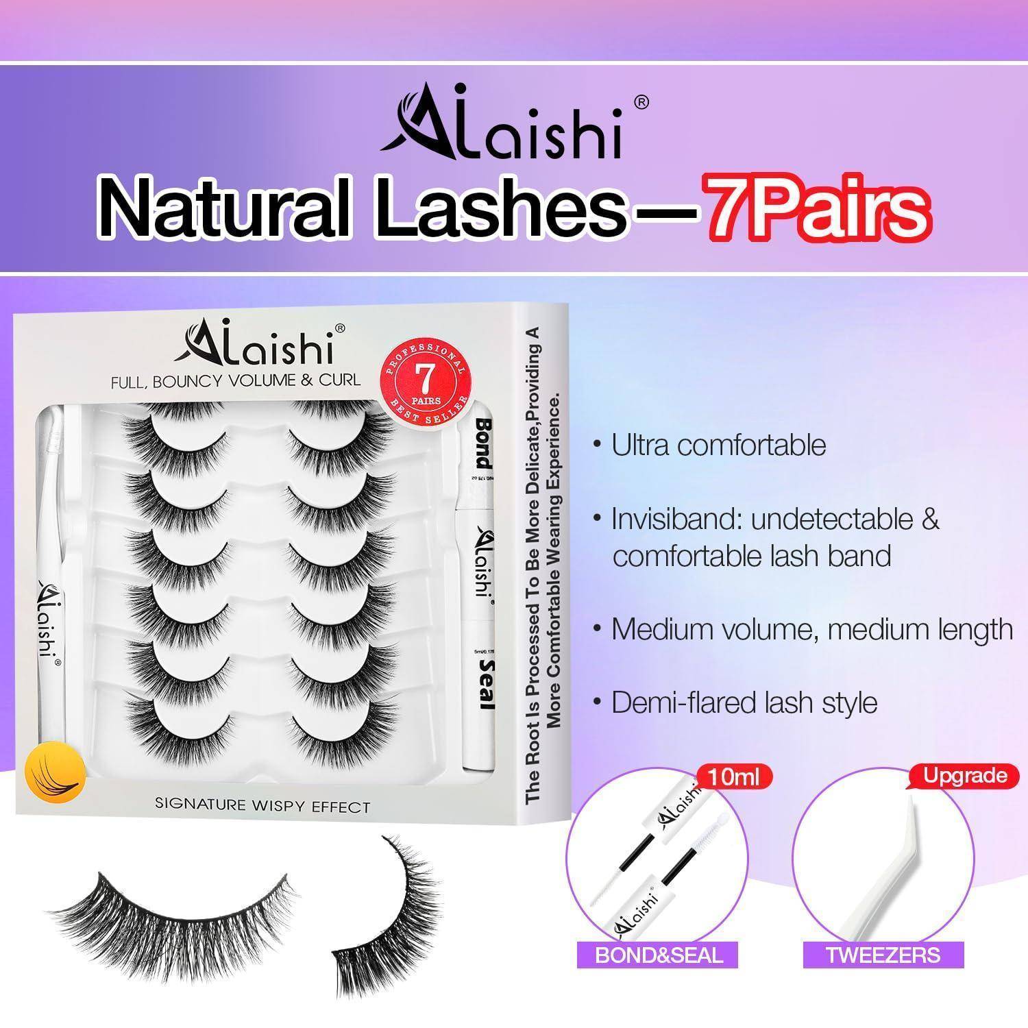 Anzeige für Aisha Natural Lashes, 7 Paar, mit künstlichen Wimpern und folgenden Merkmalen: ultra komfortabel, unsichtbares Wimpernband, mittleres Volumen, mittlere Länge, Demi-Flared-Stil, plus Bond and Seal und Pinzette.