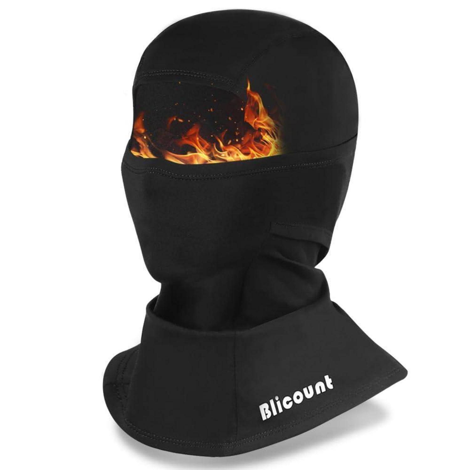Schwarze Sturmmaske mit vollständiger Gesichtsbedeckung, mit einer Flammengrafik über der Augenpartie und 'Blicount' auf der Nackenklappe aufgedruckt.