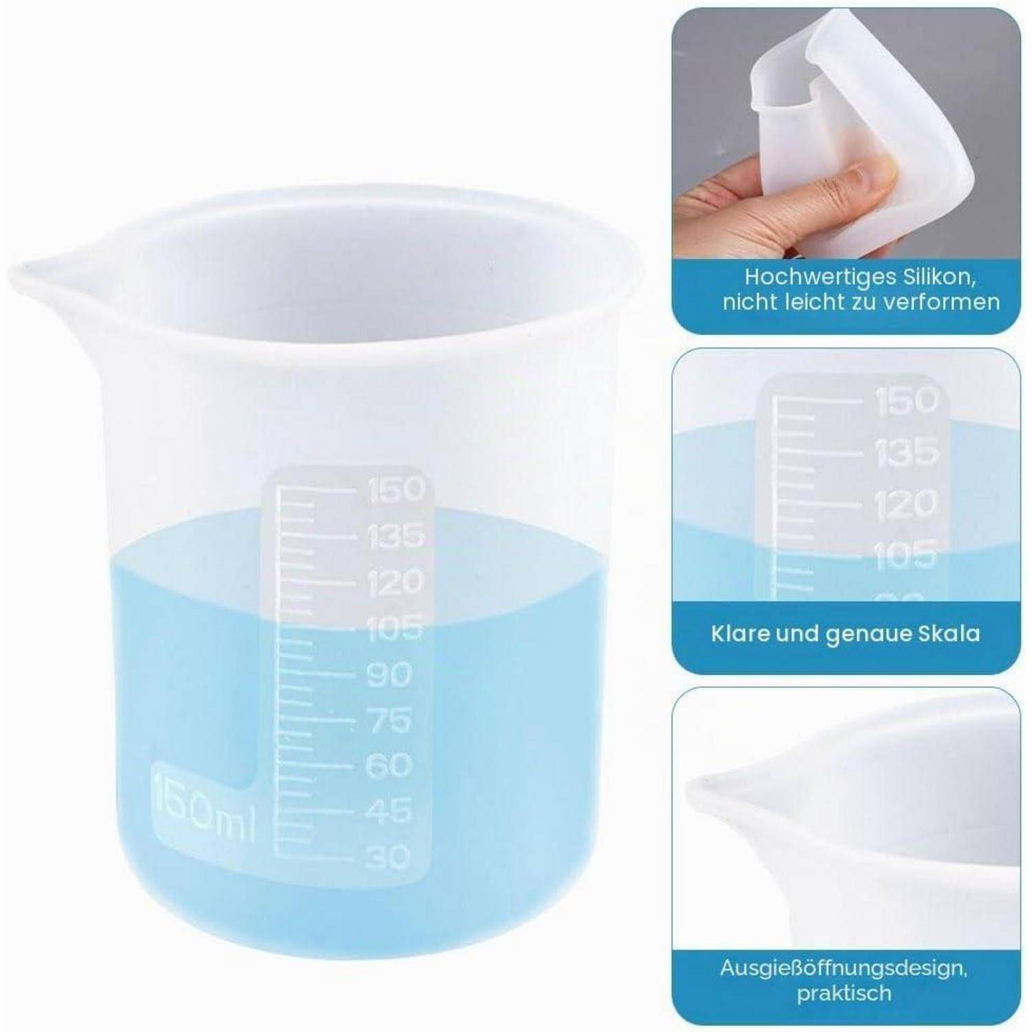 Weiße Silikonmessbecher teilweise gefüllt mit blauer Flüssigkeit, zeigt eine klare 150-ml-Skala und einen Ausgießer; eingefügte Nahaufnahmen zeigen flexibles Material und präzise Markierungen.