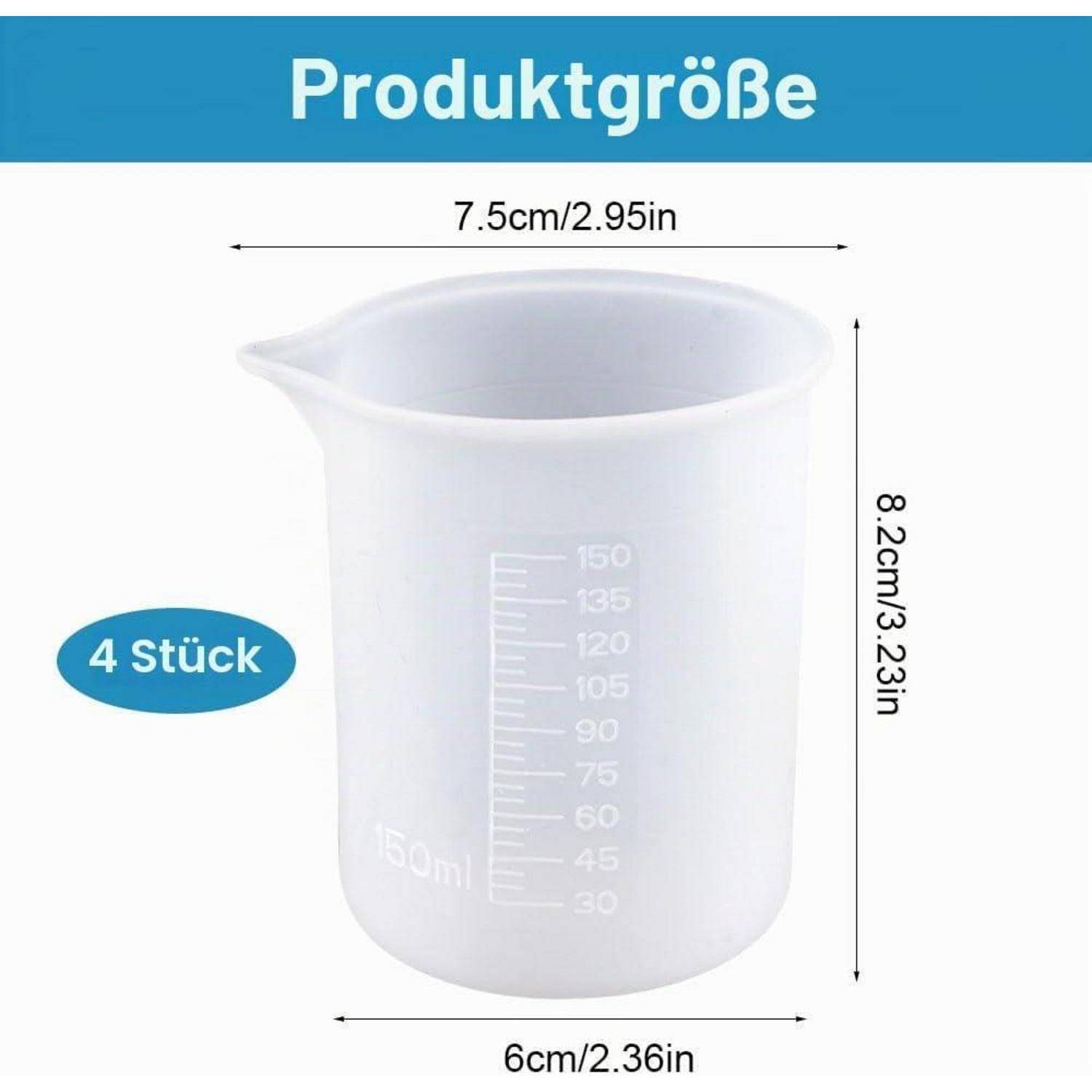 Produktgrößengrafik eines durchscheinenden Messbechens, gekennzeichnet mit „4 Stück