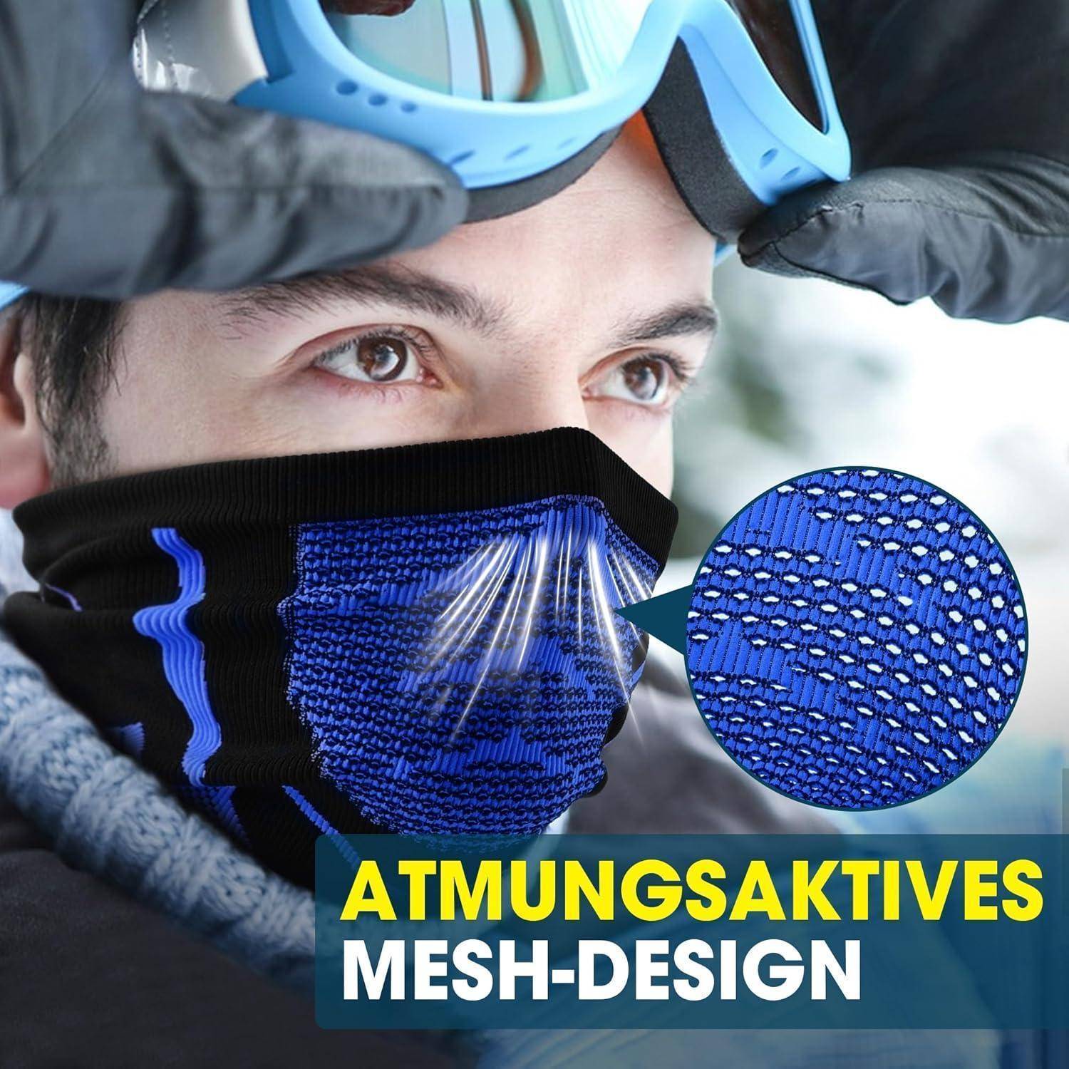 Person trägt eine schwarzblaue Mesh-Gesichtsmaske und blaue Schutzbrille; der Text lautet „ATMUNGSAKTIVES MESH-DESIGN" mit einer Nahaufnahme des Mesh-Gewebes in einem Inset.