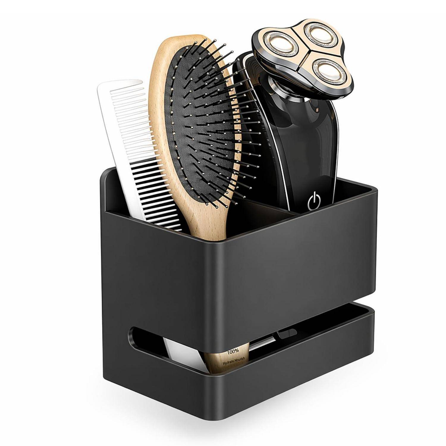 Schwarzer Badorganizer, der eine Haarbürste, einen Kamm, einen Elektrorasierer und eine Zahnbürste in einem kompakten Aufsatz-Caddy mit einem unteren Lagerfach hält.