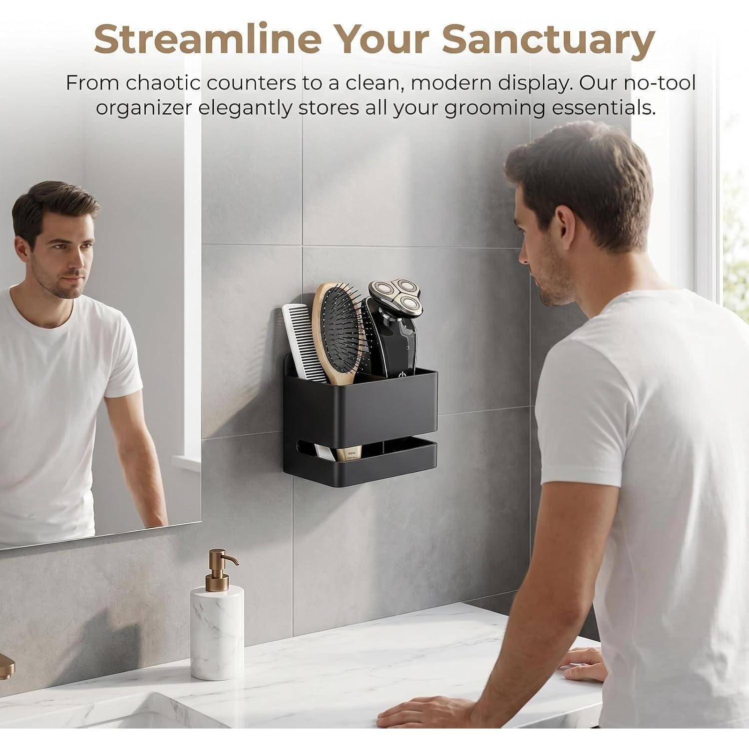 Badezimmer-Wandorganizer, der Pflegeutensilien über einem Waschbecken hält, gezeigt mit einem Mann in einem modernen Badezimmer und dem Text 