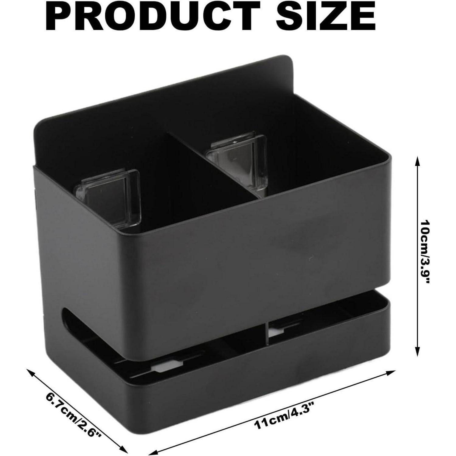 Schwarzer rechteckiger Aufbewahrungsorganizer mit zwei Fächern; Produktgröße angegeben als 11 cm breit, 6,7 cm tief, 10 cm hoch.