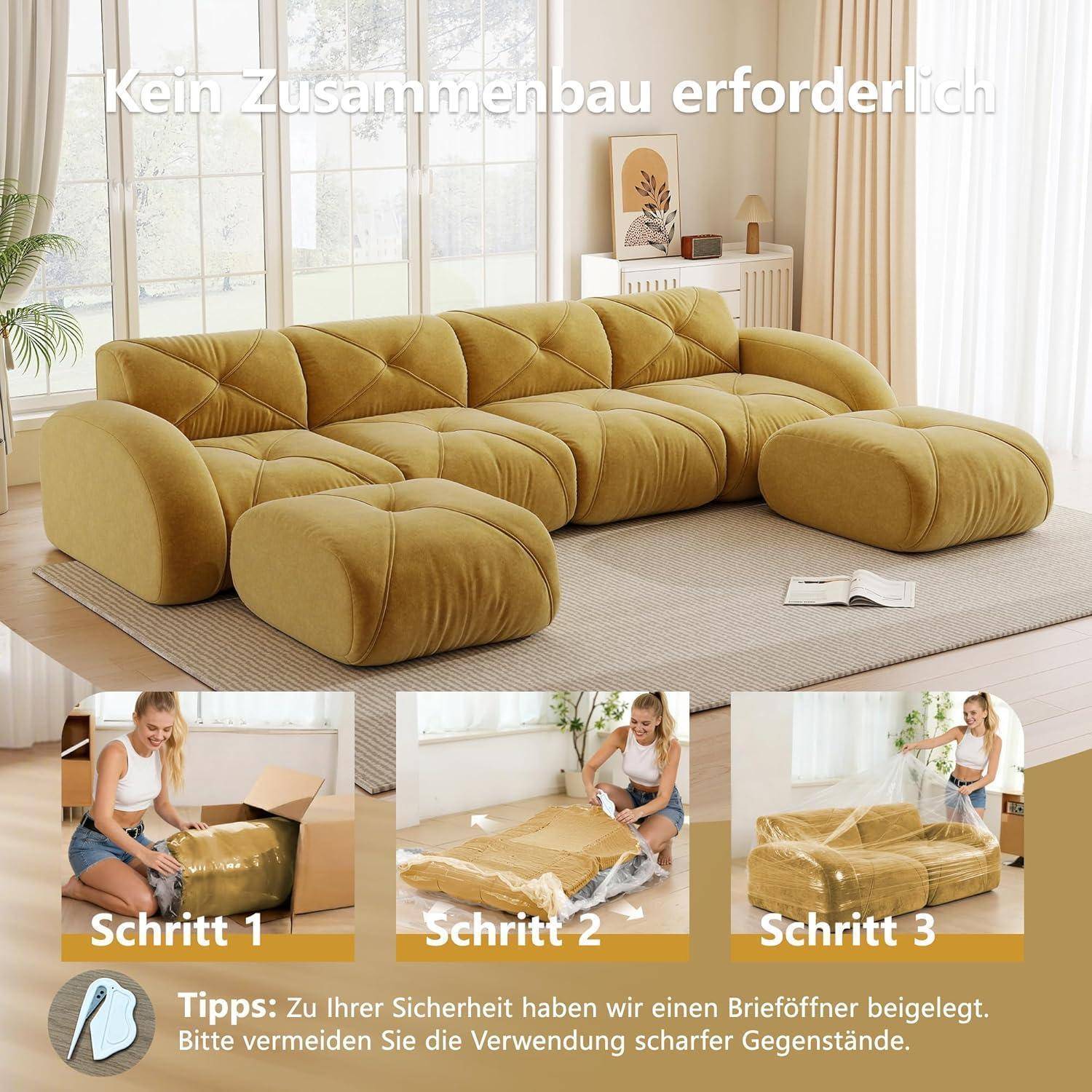 Modulares Senf-Sofa mit Ottomans im Wohnzimmer, gekennzeichnet mit „Kein Zusammenbau erforderlich