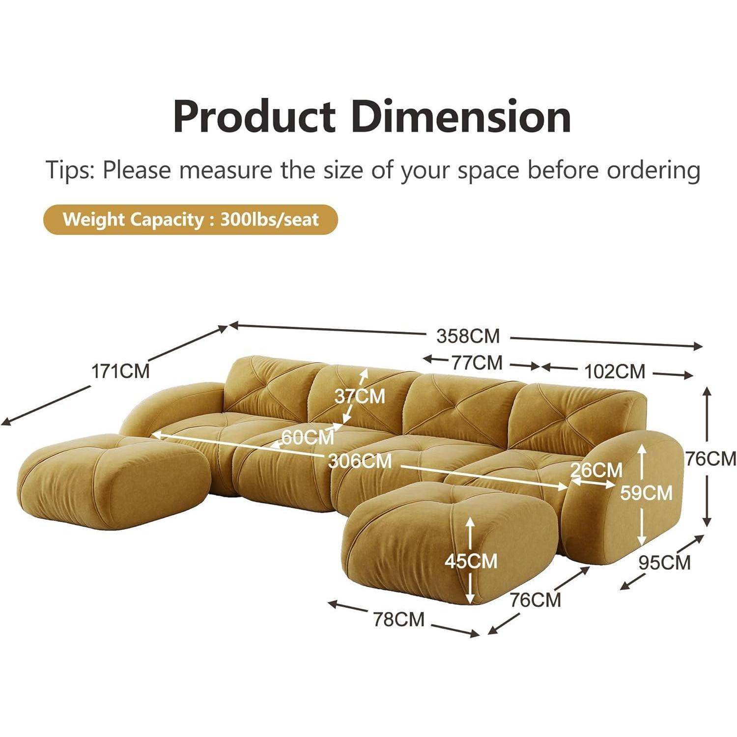 Diagramm eines Ecksofa mit Produktabmessungen und der Beschriftung „Tragfähigkeit: 300 lbs/Sitz