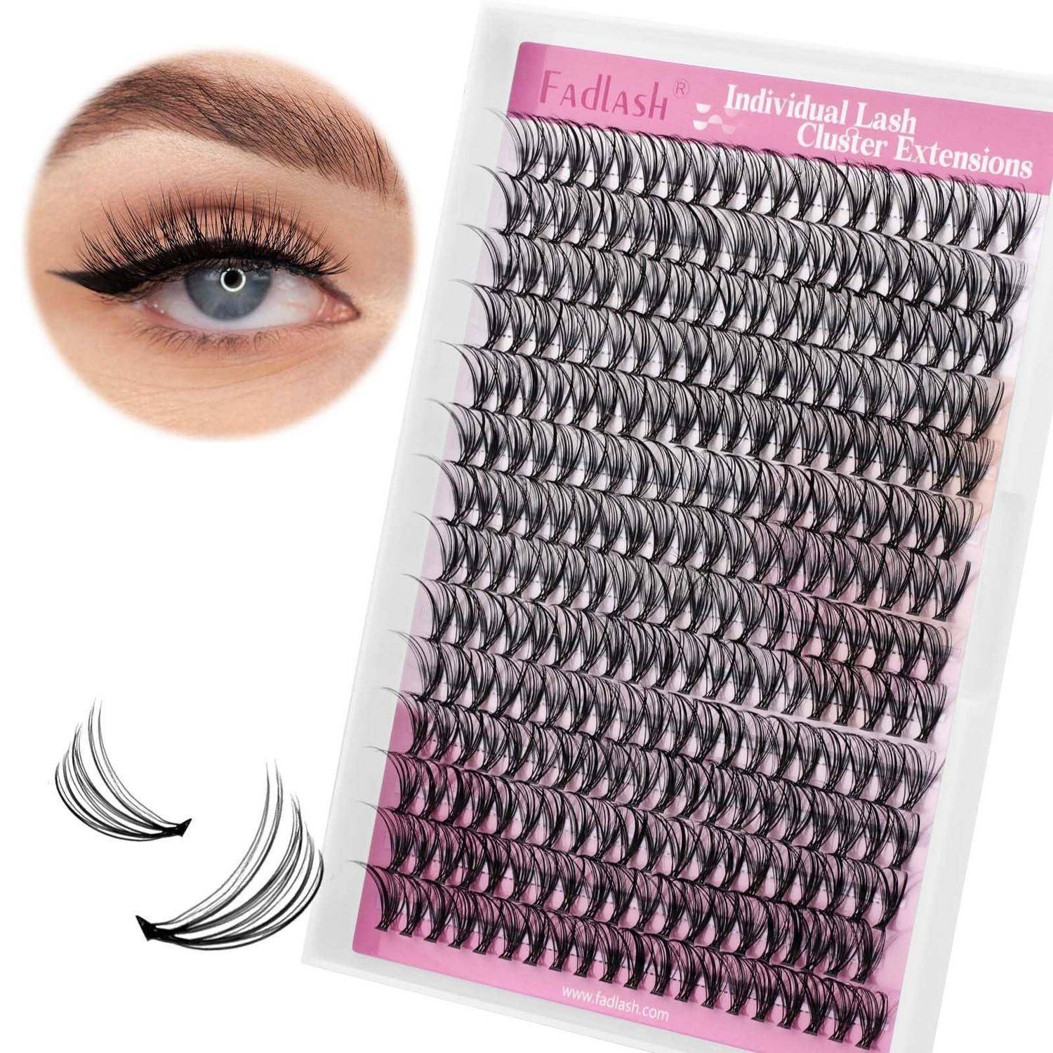 Nahaufnahme eines Auges mit langen künstlichen Wimpern neben einer Packung „Fadlash