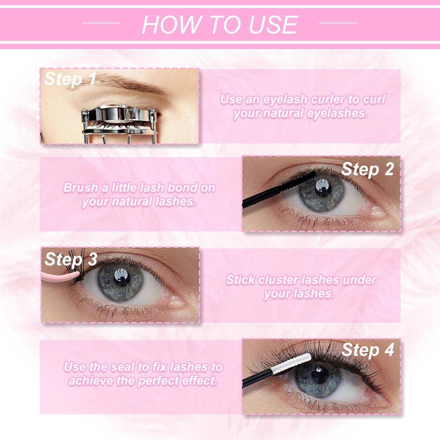 Wie man Wimpernbüschel verwendet: Natürliche Wimpern kräuseln, Wimpernkleber auftragen, Büschel darunter anbringen, dann versiegeln für ein fertiges Aussehen.