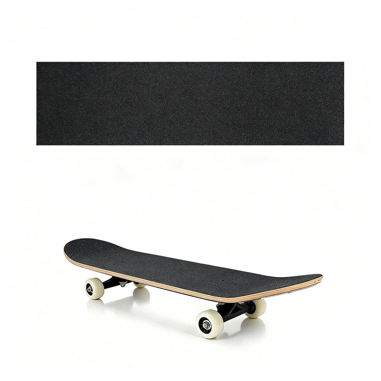Skateboard mit schwarzem Griptape und eine separate Nahaufnahme des Griptape-Materials oben auf weißem Hintergrund.