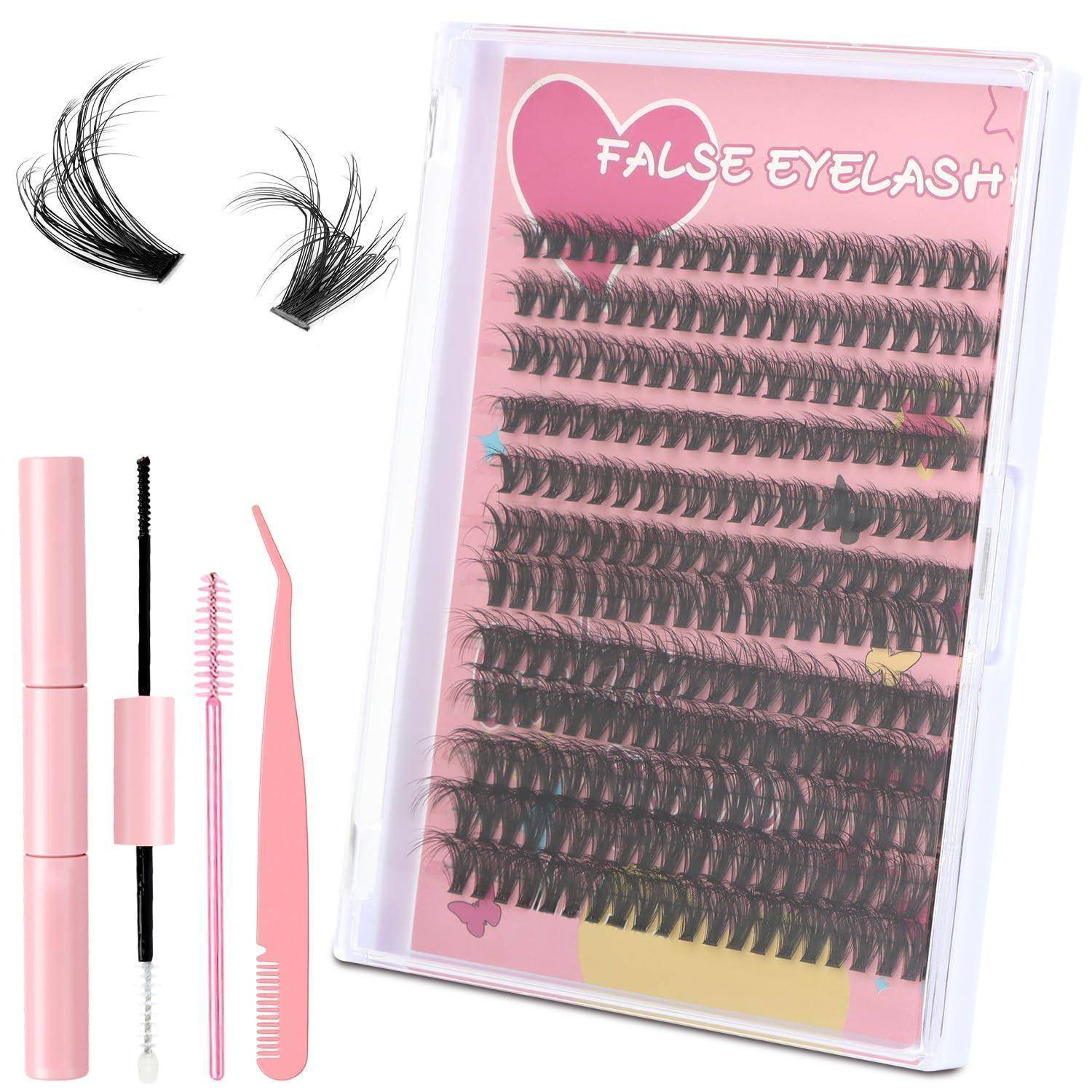 Falscher Wimpernset mit mehreren Wimpernstilen in einem rosa Etui, plus Mascara-Stäbchen, Spoolie-Bürste, Applikator und Pinzette.