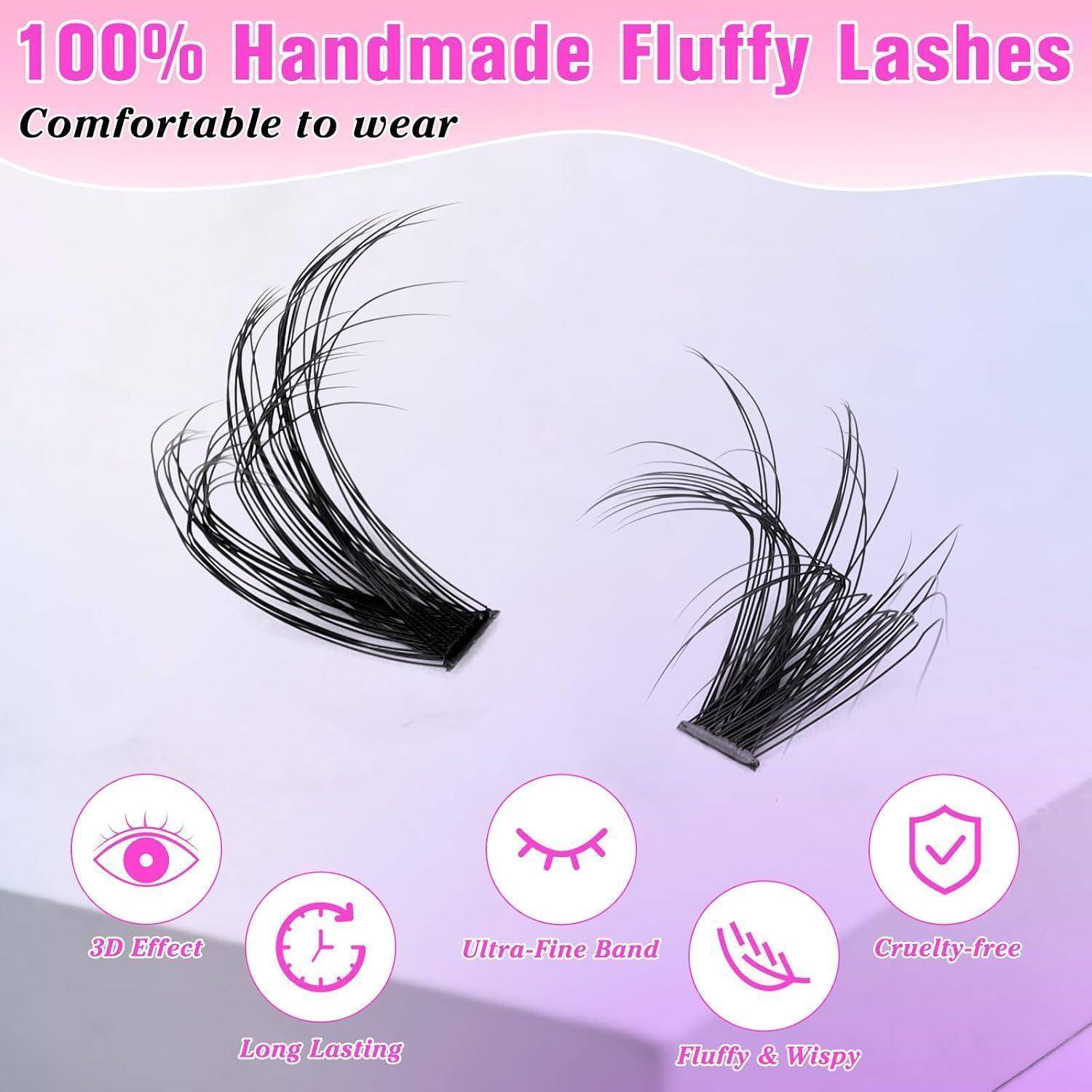 Werbebild von zwei schwarzen Kunstwimpernsets mit Text '100% handgemachte flauschige Wimpern' und 'Angenehm zu tragen', plus Funktionssymbole: 3D-Effekt, langanhaltend, ultrafeines Band, flauschig und federleicht, grausamkeitsfrei.