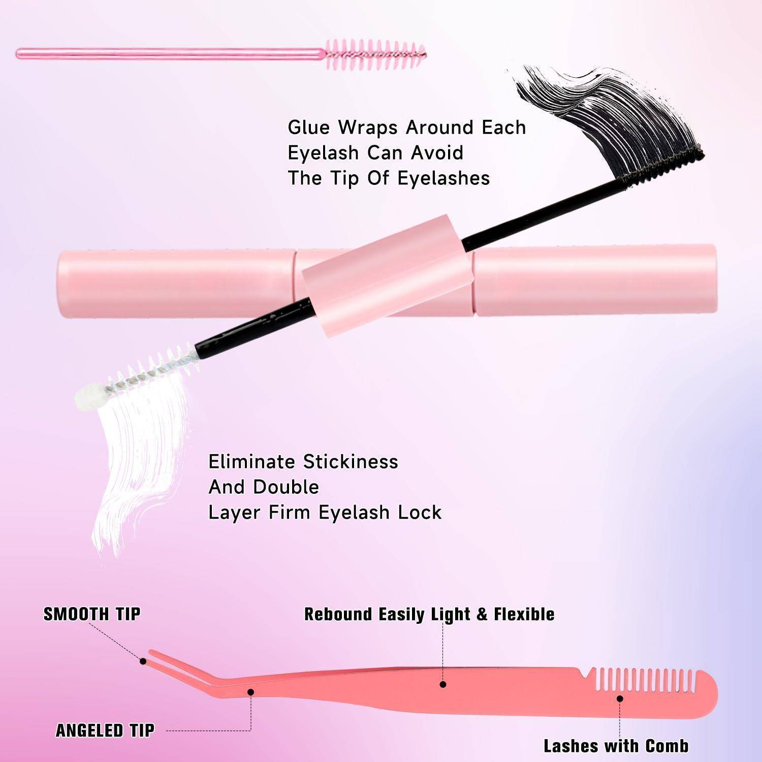 Illustration eines rosa Mascara-Bürstchens, das Leim zeigt, der sich um jede Wimpernspitze wickelt, um Klumpenbildung zu vermeiden, mit Beschriftungen für glatte Spitze, abgewinkelte Spitze, flexible Rückfederung und integrierter Kamm.
