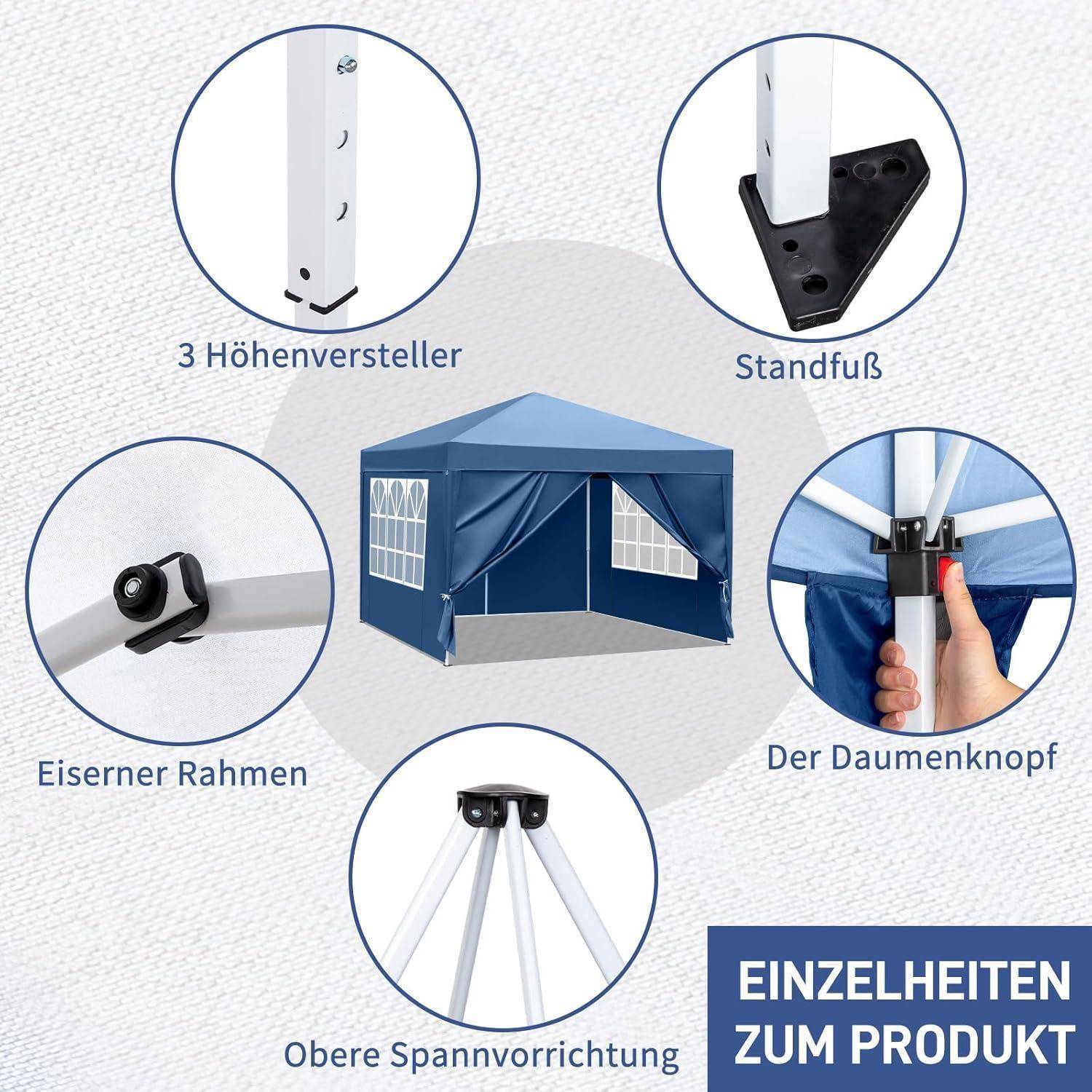 Abbildung eines blauen Pop-up-Baldachinszelts mit beschrifteten Detailaufnahmen der Funktionen: verstellbare Höhe, Standfuß, Eisenrahmen, Druckknopf und obere Spannvorrichtung.
