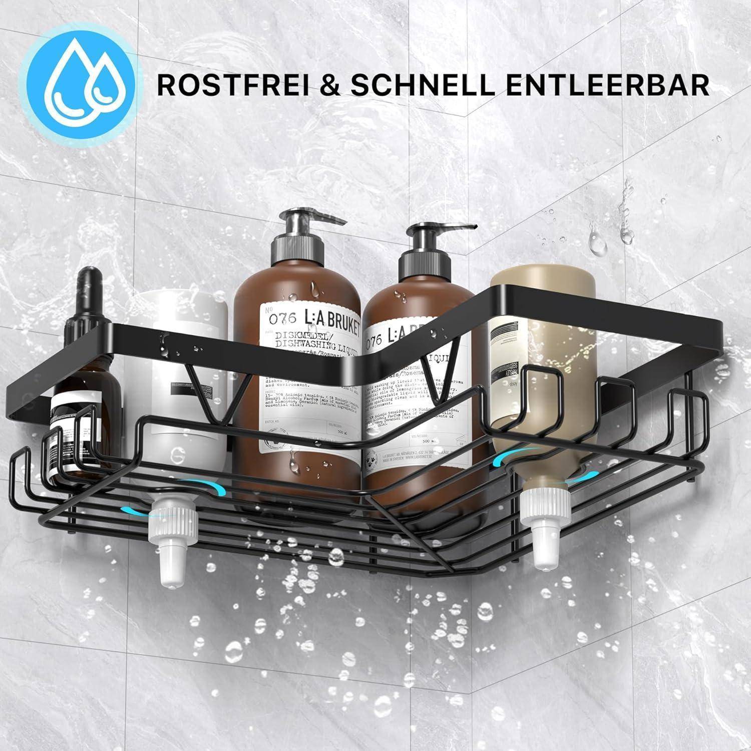 Eckduschkaddy zum Halten von Flaschen und einem Seifenspender, mit deutschem Text „ROSTFREI & SCHNELL ENTLEERBAR