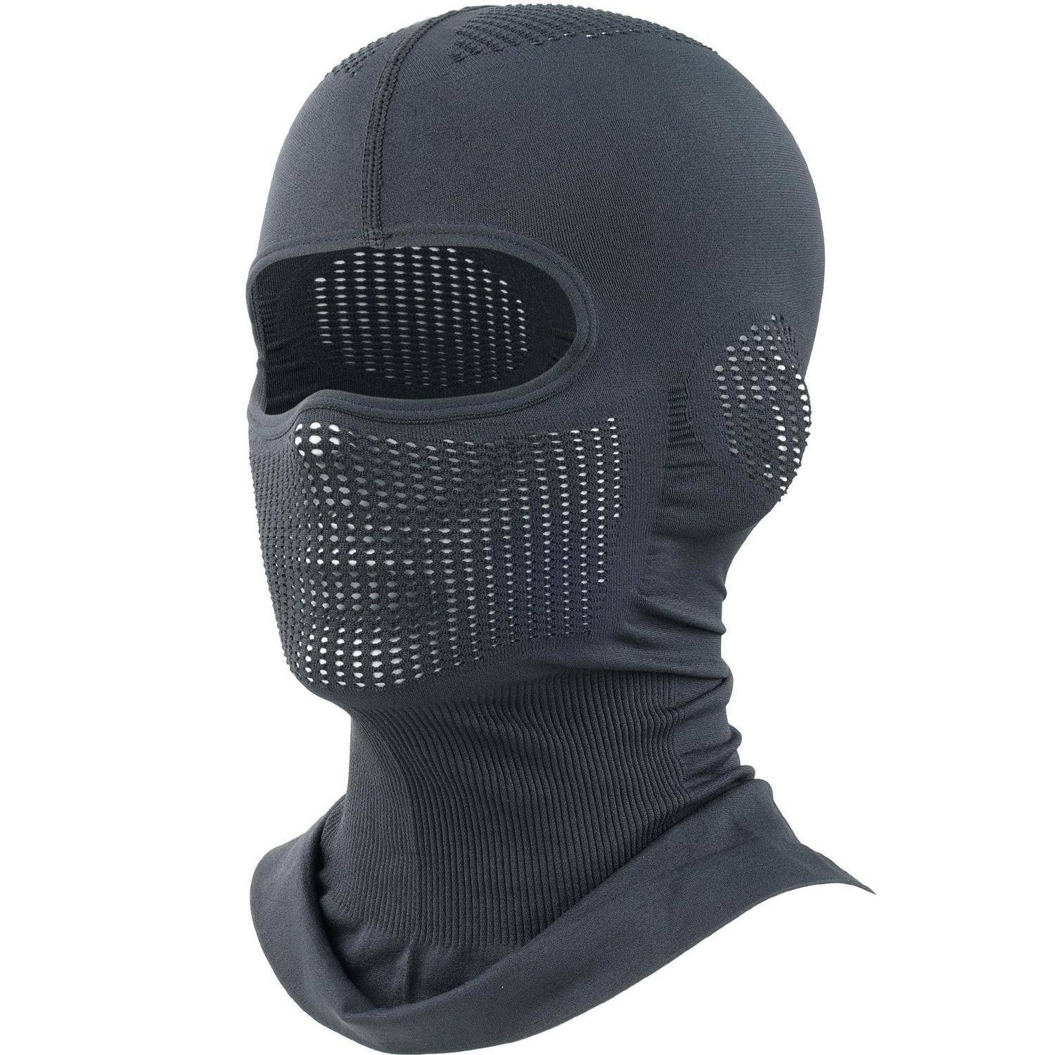 Schwarze Strickmütze mit Gesichtsmaske mit Augenöffnung und belüfteten Mund- und Ohrbereichen, die Kopf und Nacken bedeckt.