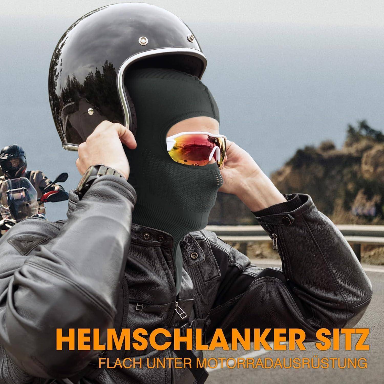 Motorradfahrer in Helm und Sturmhaube stellt reflektierende Sonnenbrille ein; deutscher Text liest sich 