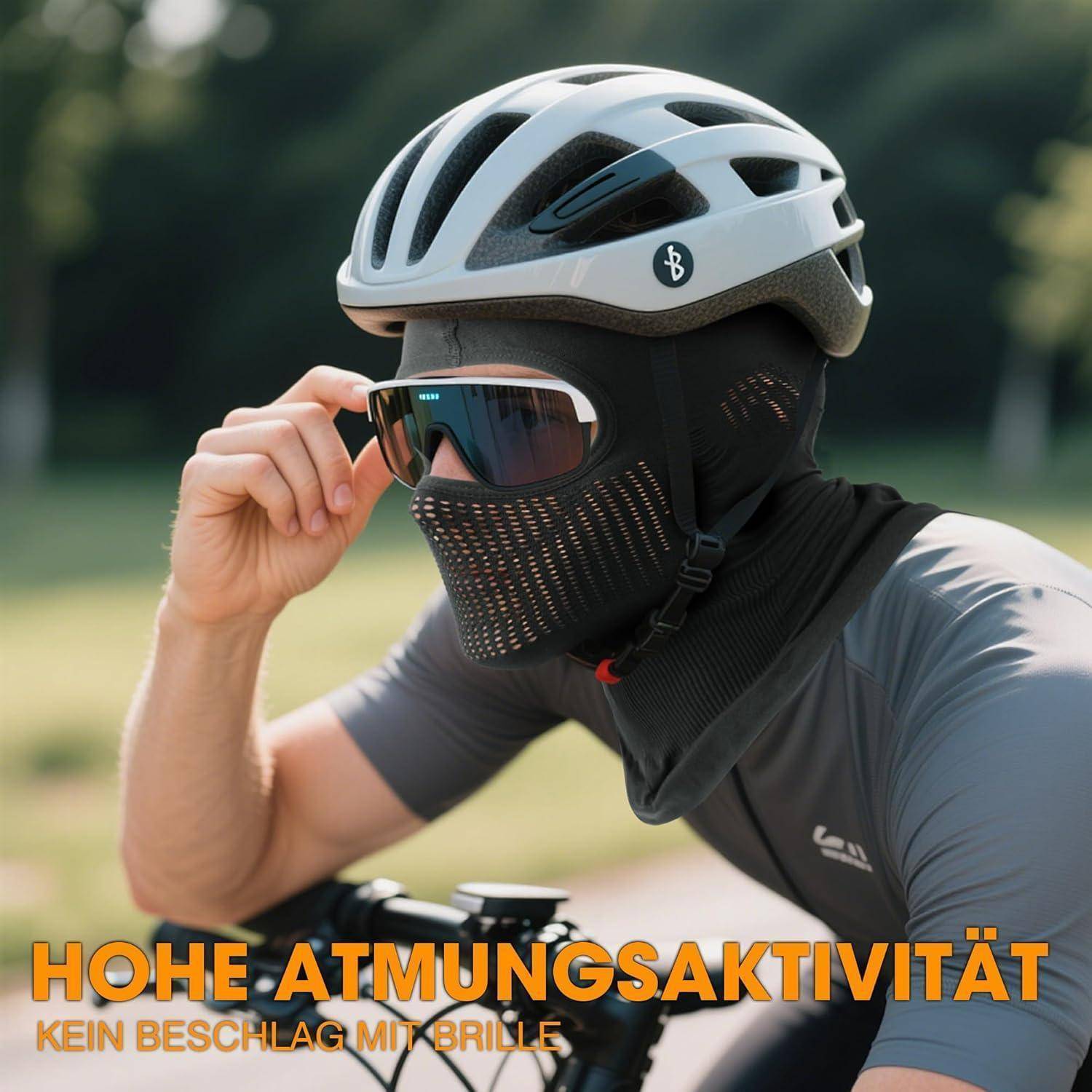 Radfahrer mit Helm, Sonnenbrille und Gesichtsschutz stellt Augenschutz ein; deutscher Text lautet „HOHE ATMUNGSAKTIVITÄT